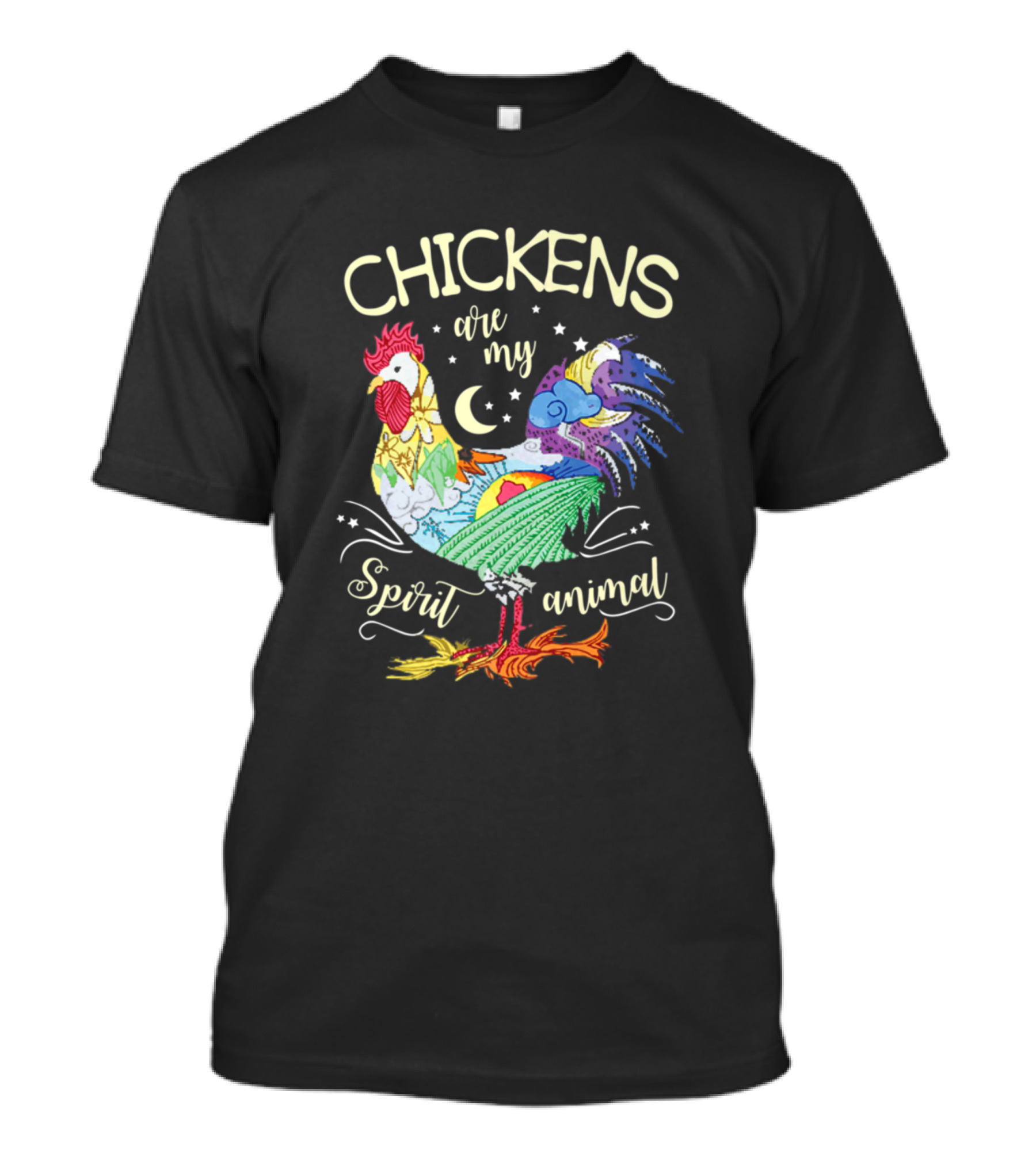 Chickens Are My Spirit Animal Colorful Rooster Moon And Stars T-Shirt