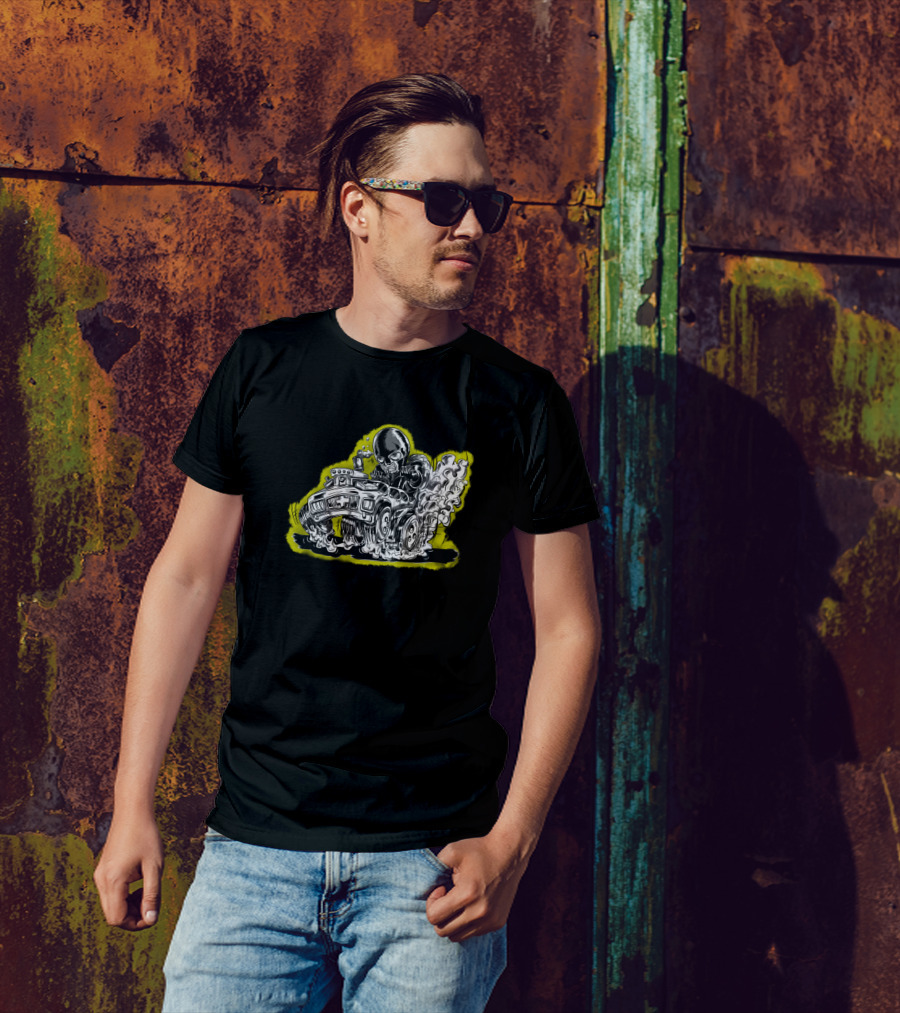 Hard Driving Hot Rodding Masked Man Burning Rubber In High-Speed Chase T-Shirt