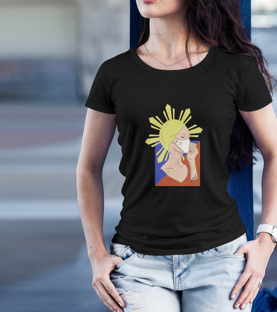 Inang Bayan Masked Lady With Philippine Flag Elements And Sunburst Motif T-Shirt