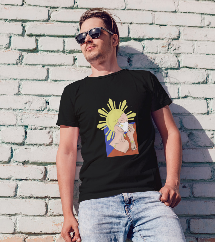 Inang Bayan Masked Lady With Philippine Flag Elements And Sunburst Motif T-Shirt