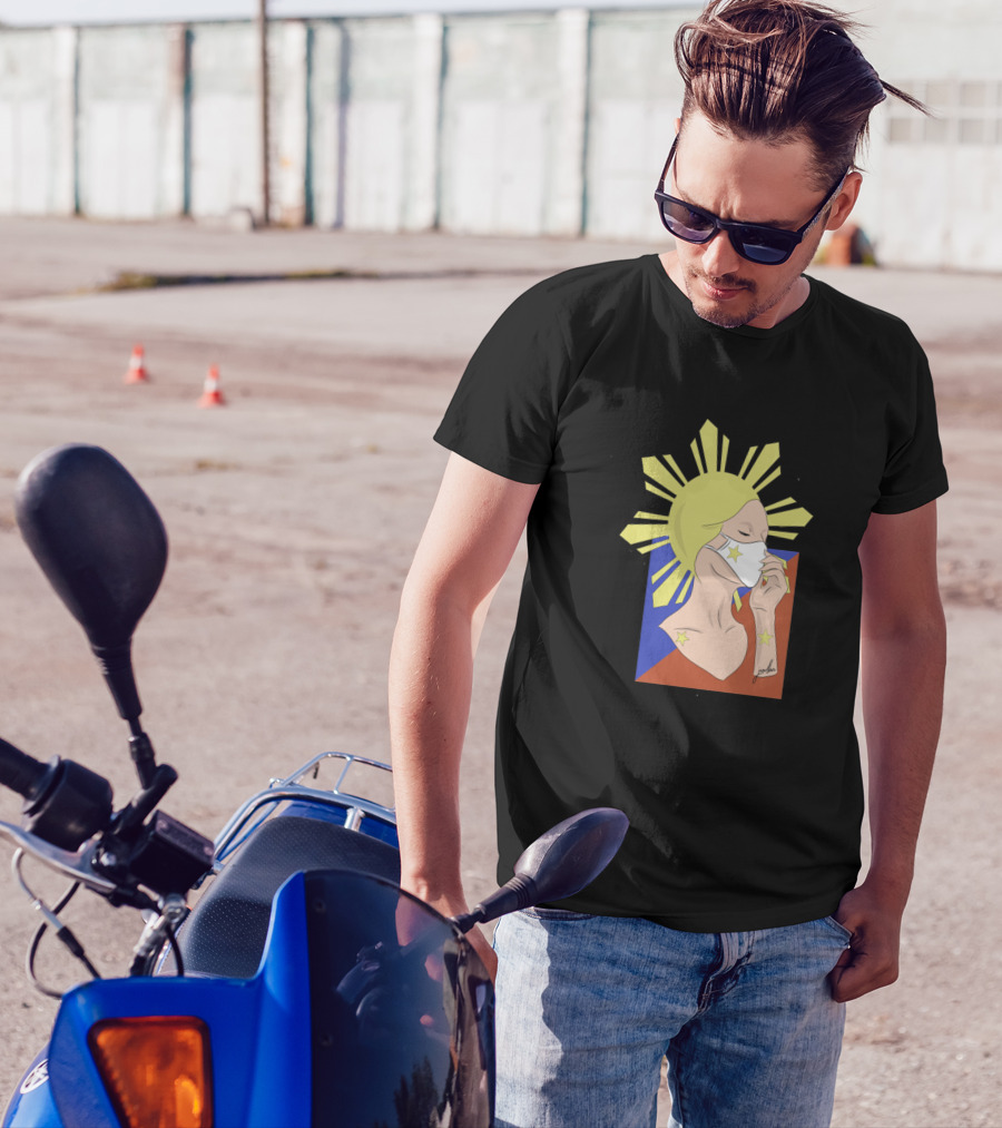Inang Bayan Masked Lady With Philippine Flag Elements And Sunburst Motif T-Shirt
