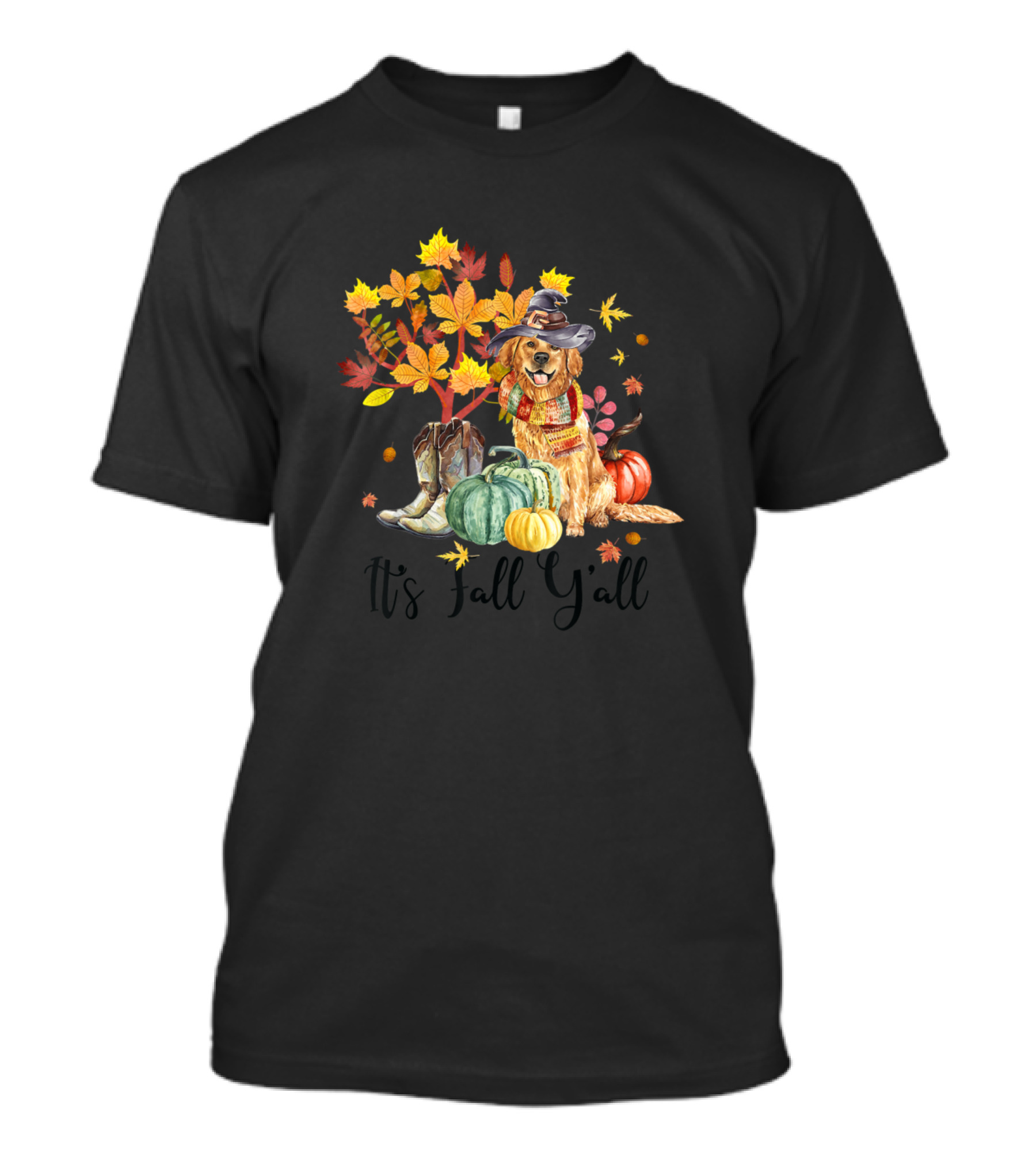 It's Fall Y'all Cute Dog With Hat Pumpkin Boots And Autumn Leaves T-Shirt