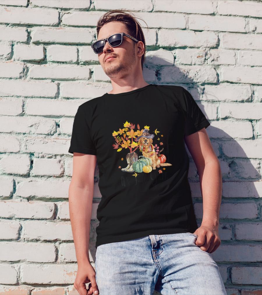 It's Fall Y'all Cute Dog With Hat Pumpkin Boots And Autumn Leaves T-Shirt