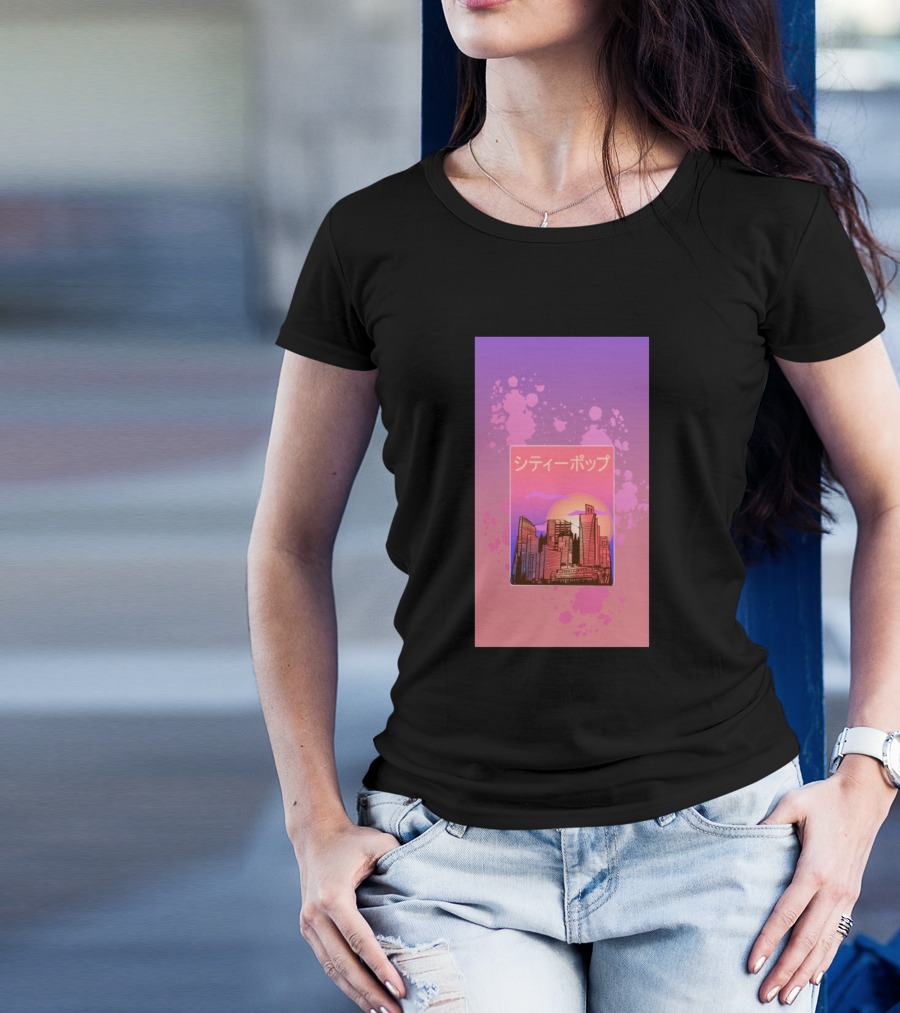 Japanese City Pop 70s 80s Vaporwave Synthwave Aesthetic Sunset Skyline T-Shirt