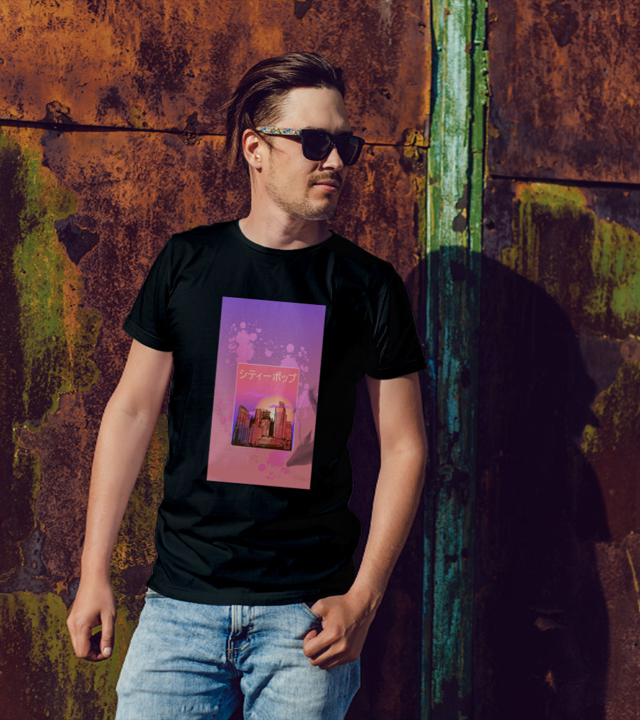 Japanese City Pop 70s 80s Vaporwave Synthwave Aesthetic Sunset Skyline T-Shirt