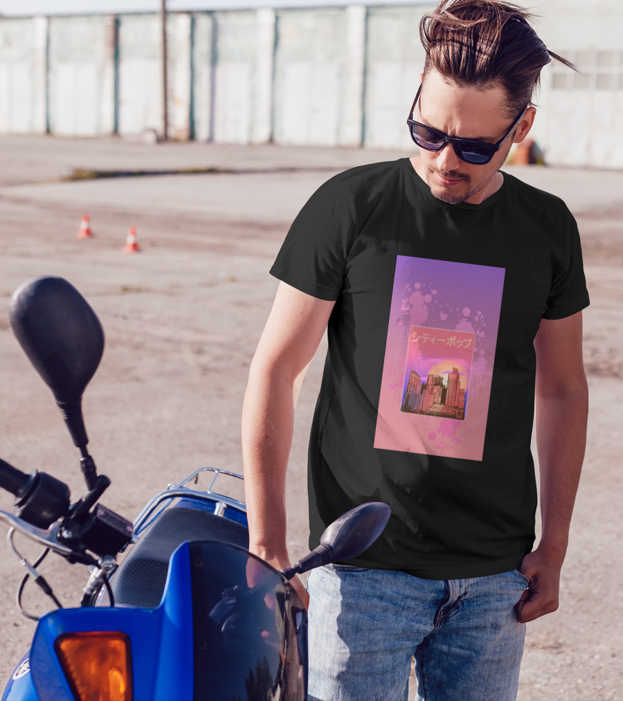 Japanese City Pop 70s 80s Vaporwave Synthwave Aesthetic Sunset Skyline T-Shirt