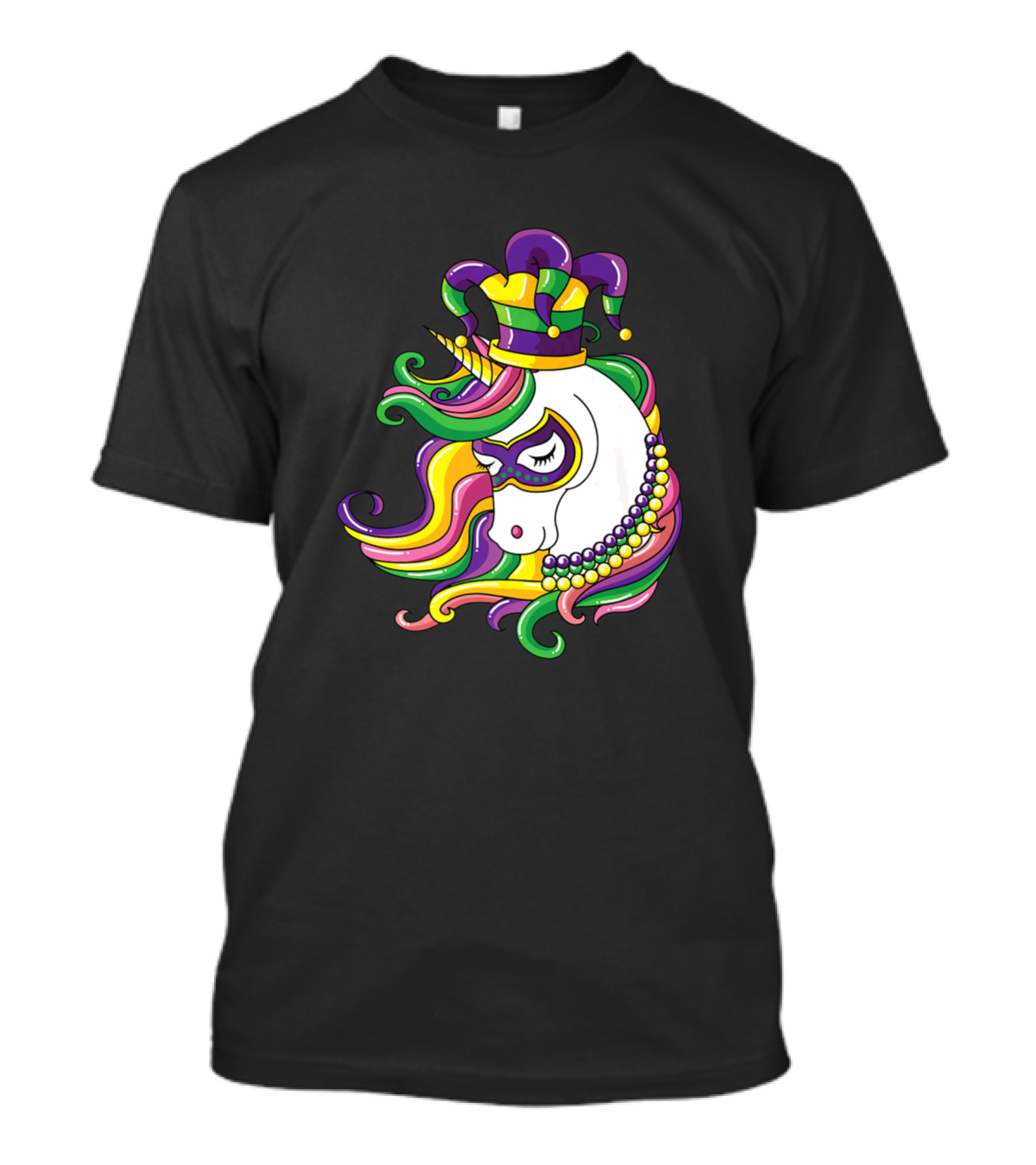 Colorful Jester Unicorn With Beaded Mardi Gras Mask And Hat T-Shirt
