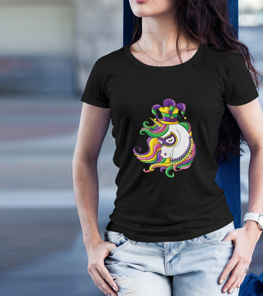 Colorful Jester Unicorn With Beaded Mardi Gras Mask And Hat T-Shirt