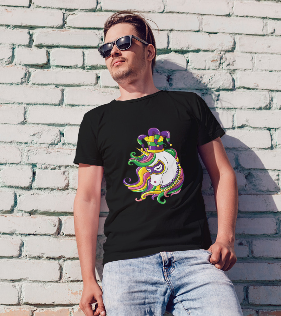 Colorful Jester Unicorn With Beaded Mardi Gras Mask And Hat T-Shirt