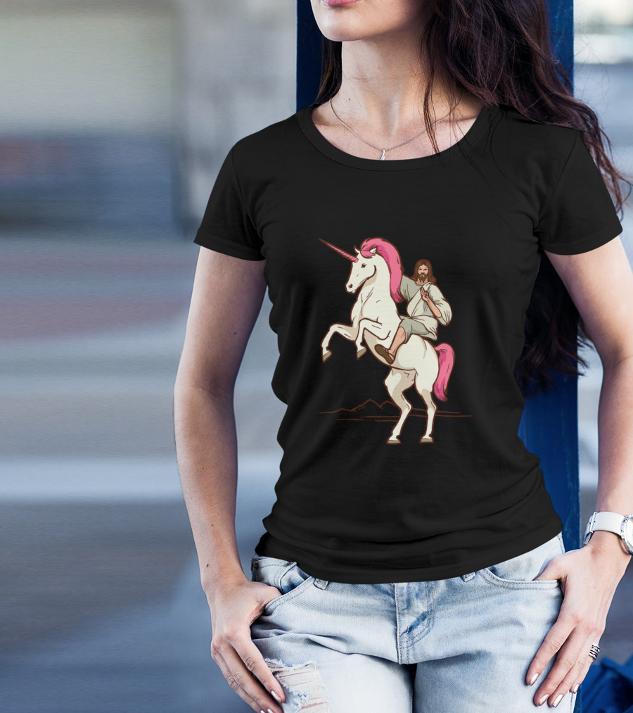 Jesus Christ Riding A White Unicorn With Pink Mane And Tail T-Shirt
