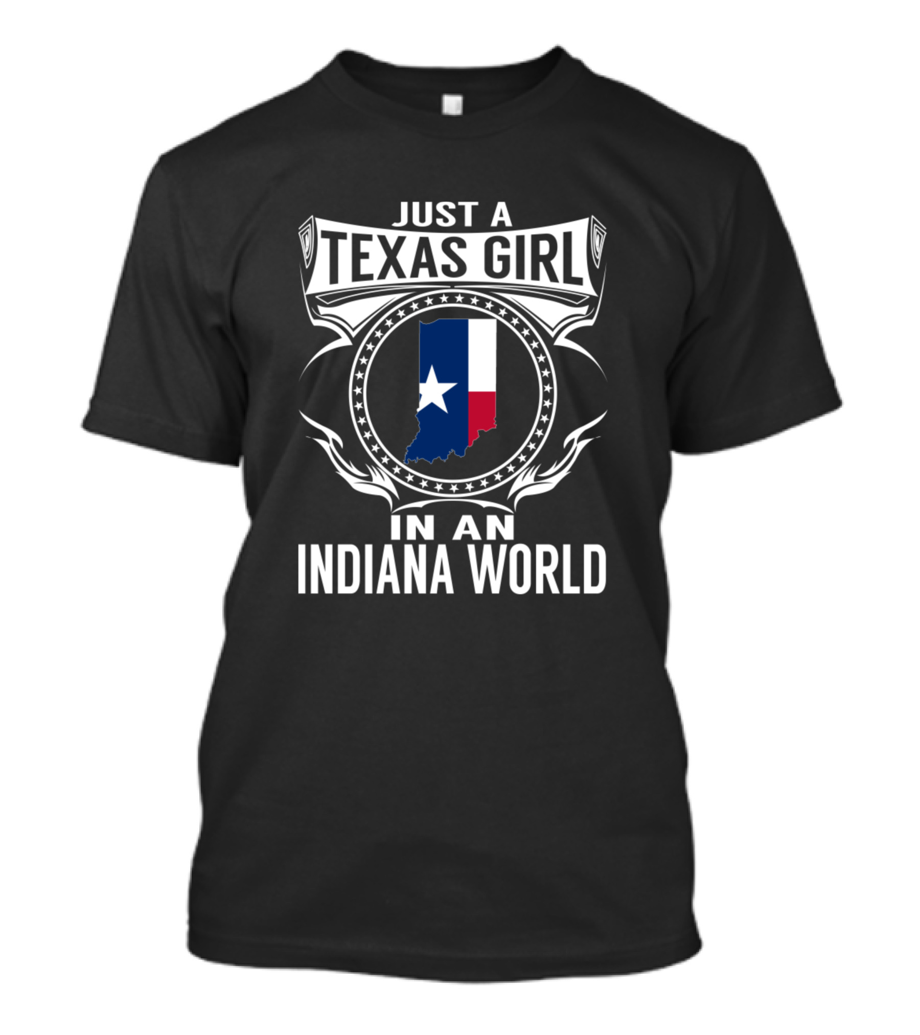 Just A Texas Girl In An Indiana World With Texas Flag In Indiana Outline T-Shirt