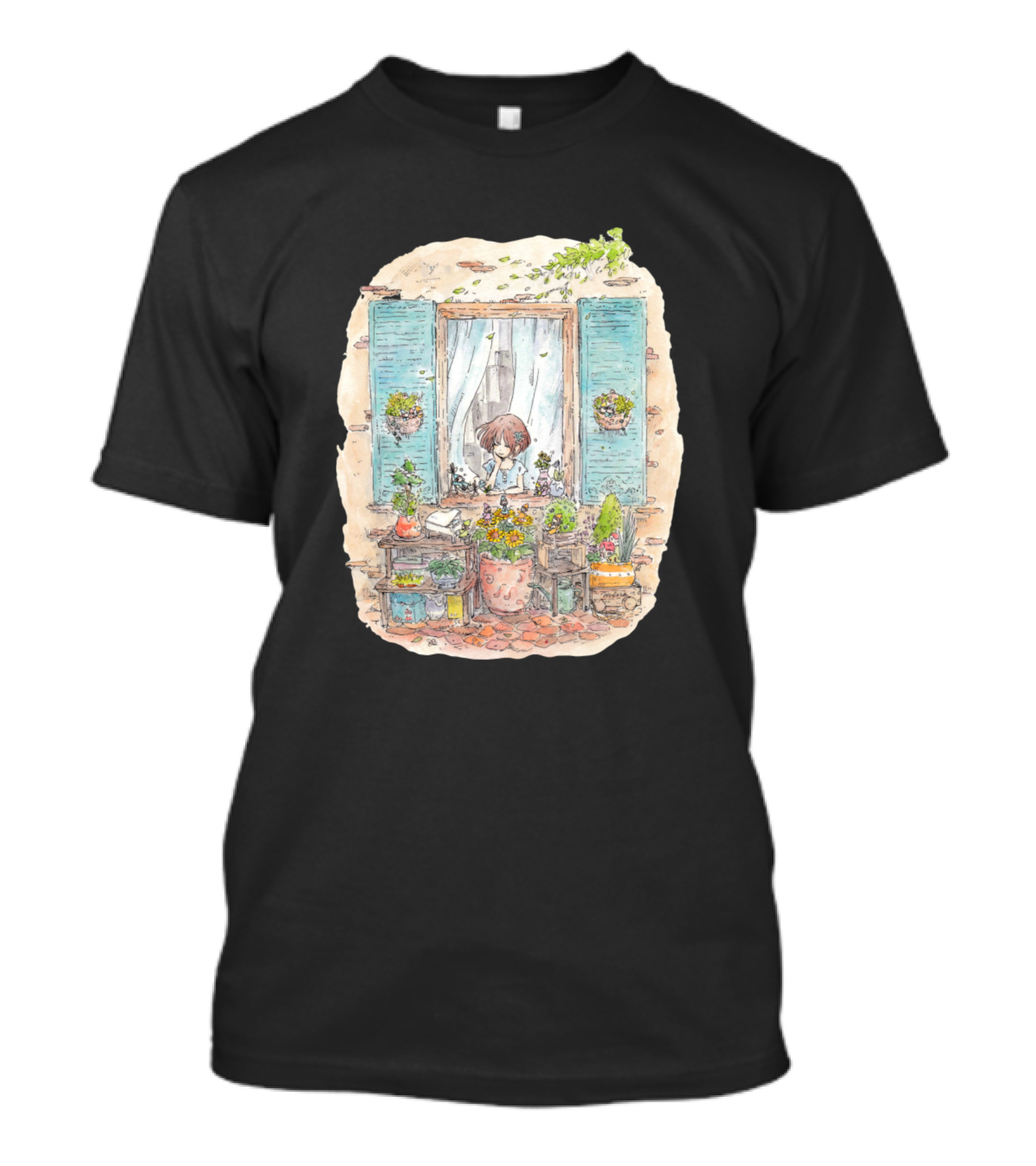 Live At Window Side With Flower Pots And Blue Shutters T-Shirt