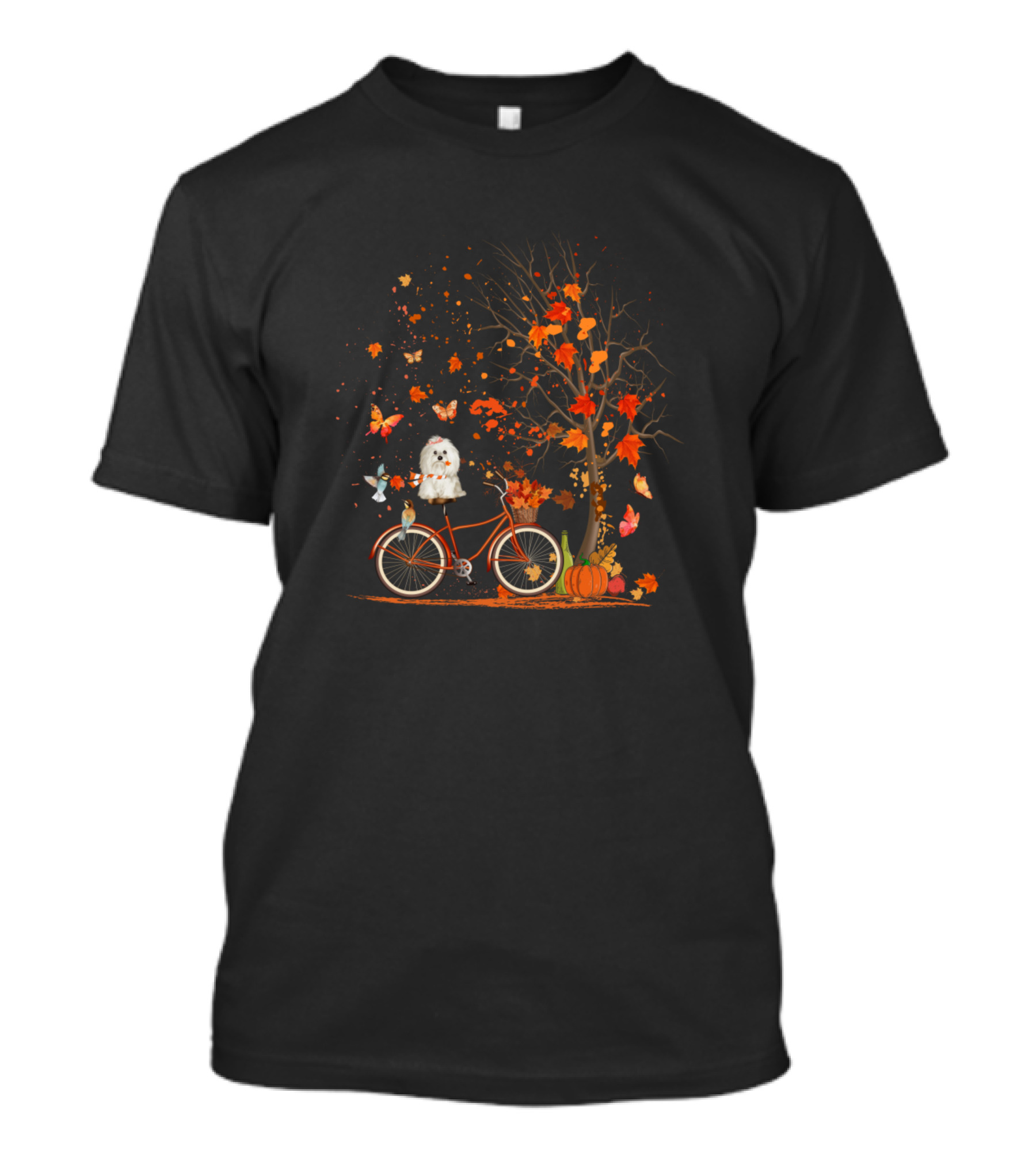Maltese Dog Riding Bicycle With Autumn Leaves And Pumpkins Under Fall Tree T-Shirt