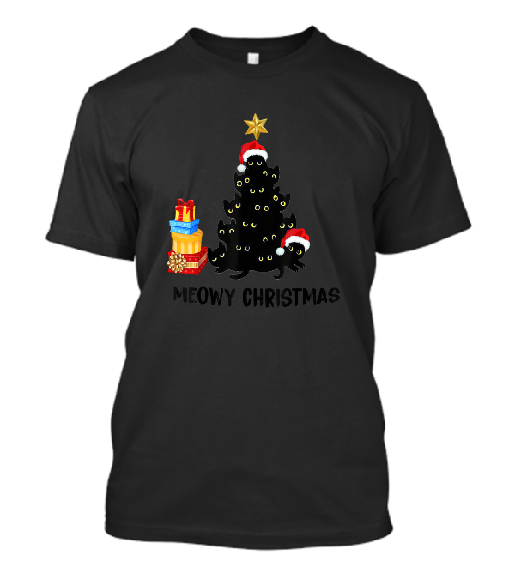 Meowy Christmas Funny Black Cat Tree With Presents And Santa Hats T-Shirt