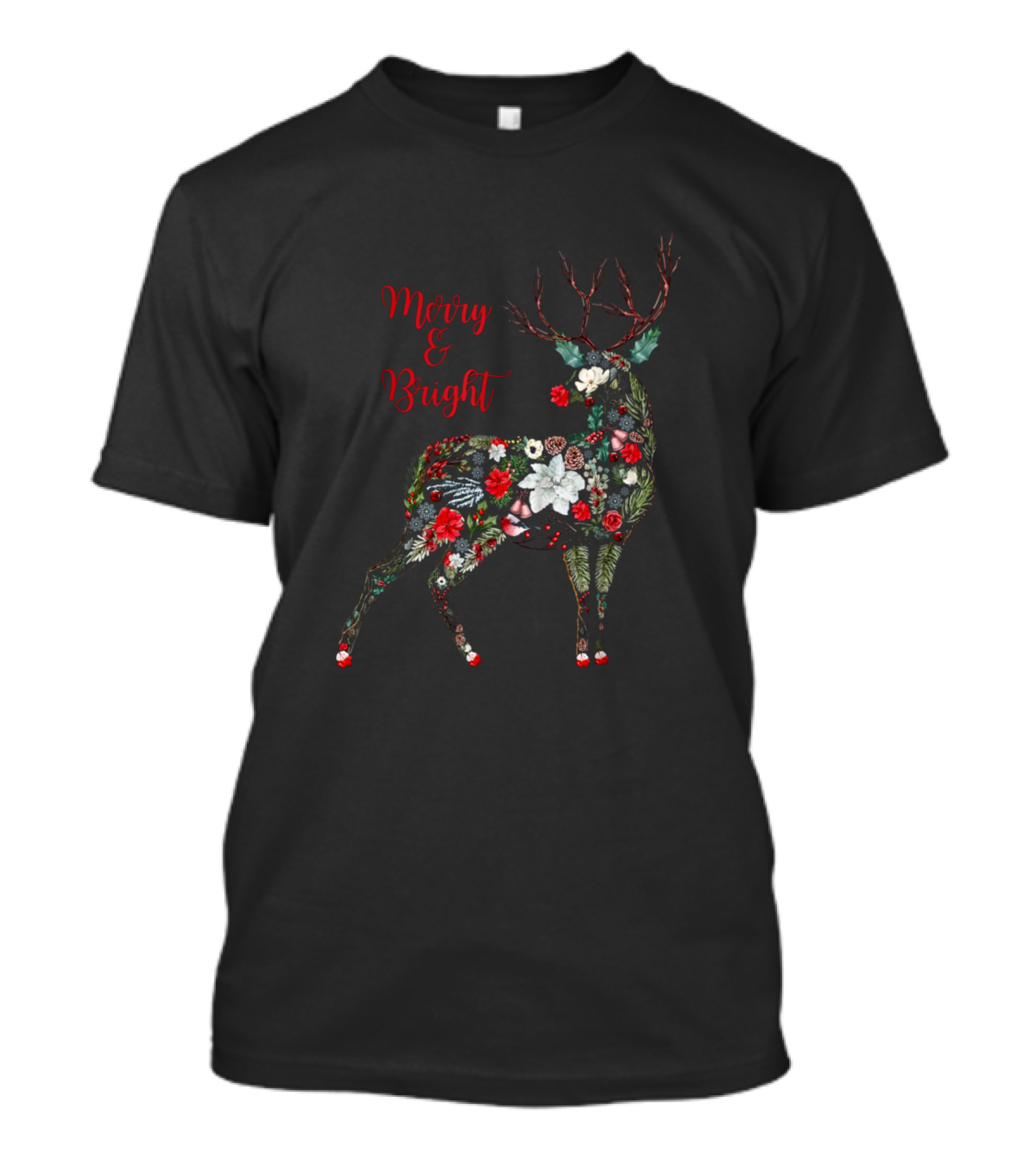 Merry And Bright Botanical Christmas Reindeer T-Shirt