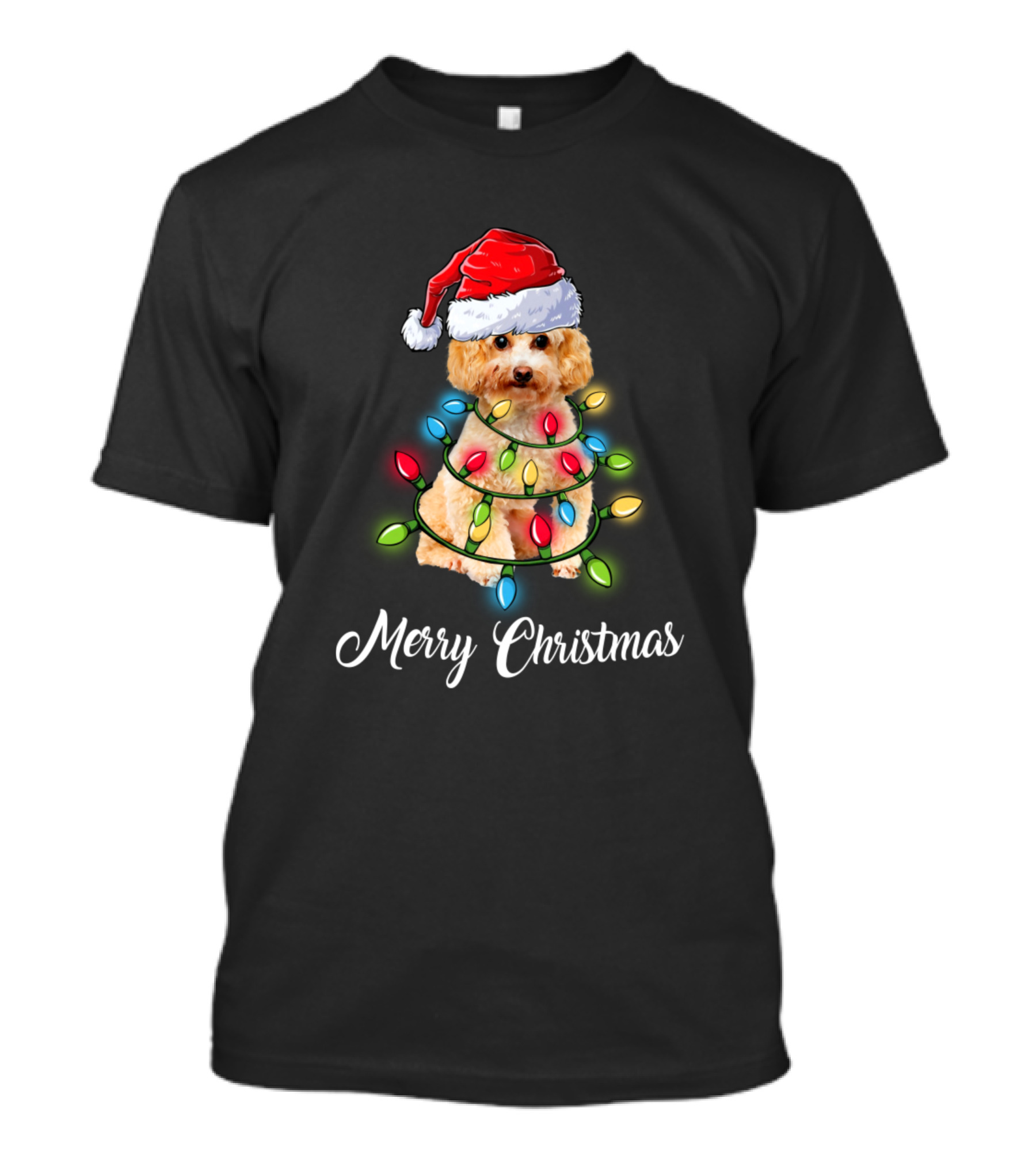 Merry Christmas Poodle Wrapped In Holiday Lights With Santa Hat T-Shirt