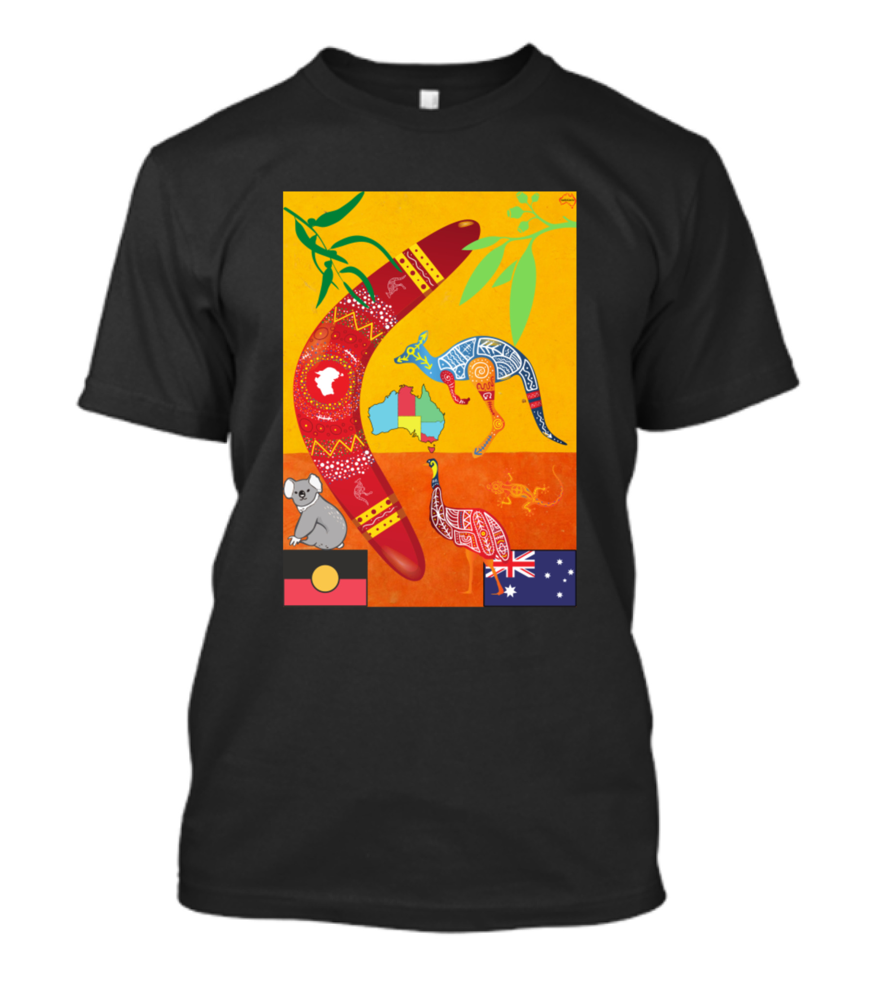 Australian Boomerang Kangaroo Koala Indigenous Map And Flag T-Shirt