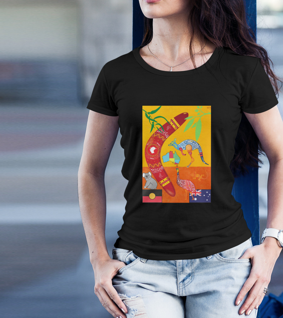 Australian Boomerang Kangaroo Koala Indigenous Map And Flag T-Shirt