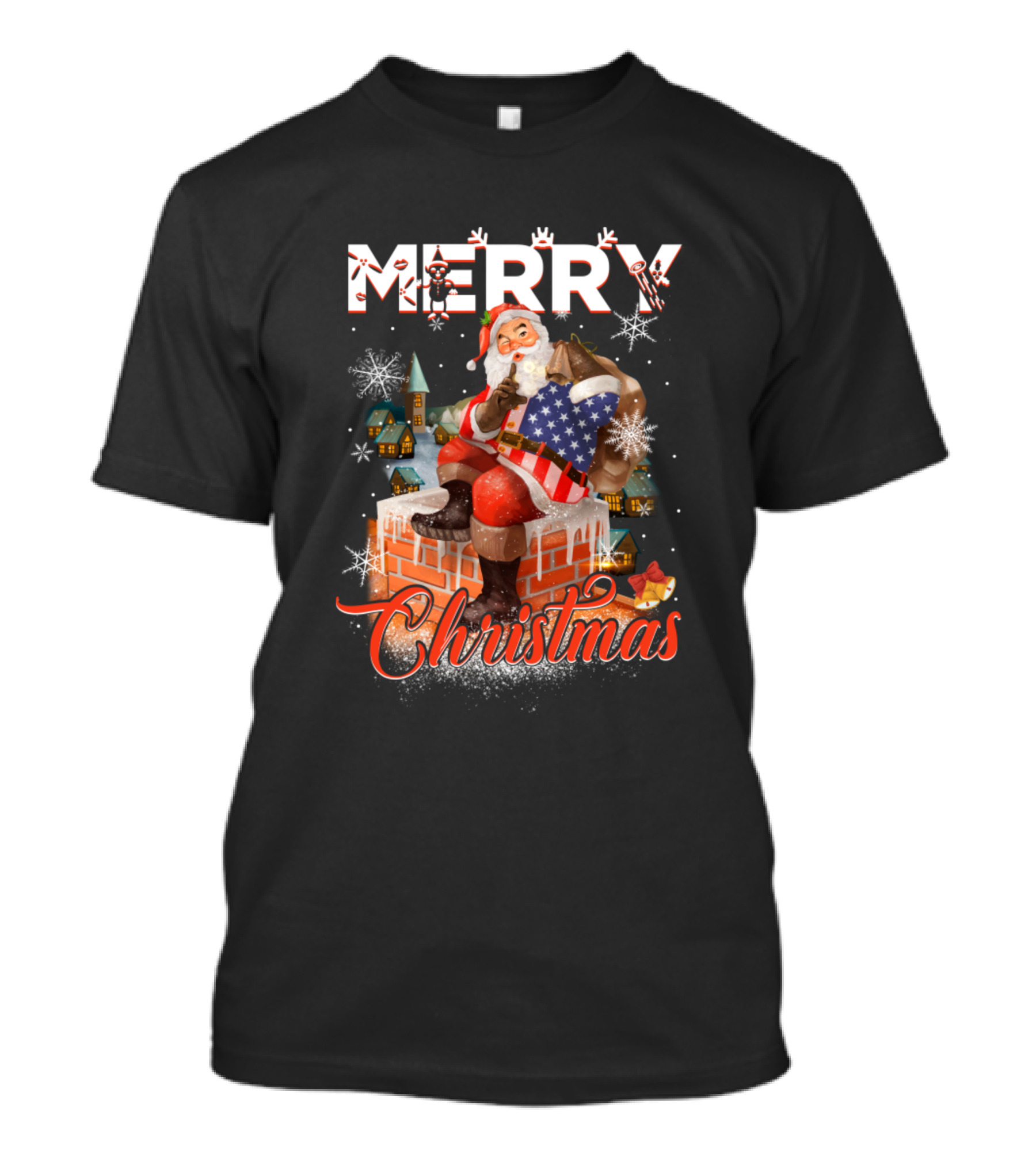 Merry Christmas Santa With American Flag On Chimney T-Shirt