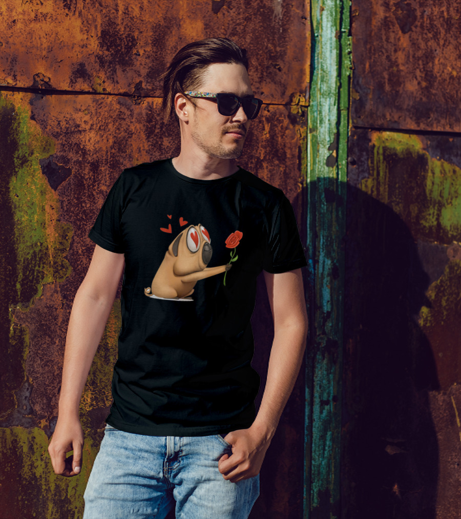 Romantic Dog Hearts And Rose Love Pug T-Shirt