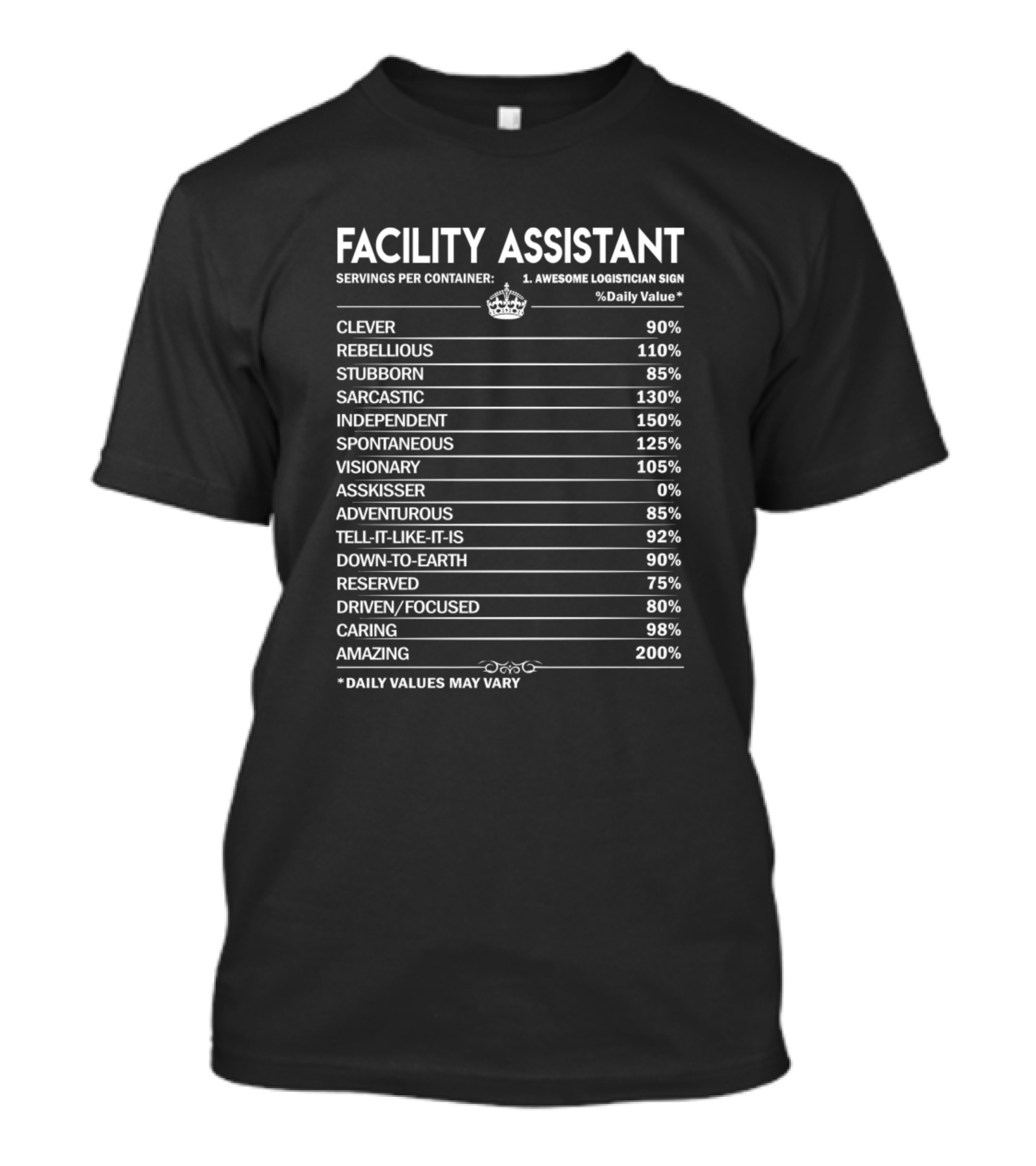 Facility Assistant Clever Rebellious Stubborn Sarcastic Independent Spontaneous Visionary Adventurous Down-to-Earth Reserved Driven Caring Amazing T-Shirt