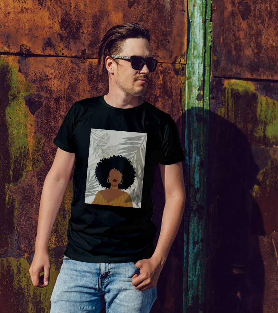 Girl With Leaves And Curly Hair In Tropical Background T-Shirt