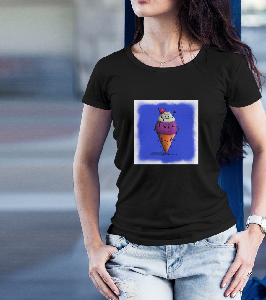 Happy Ice Cream Cone With Smiling Scoops And Ladybug Topping T-Shirt