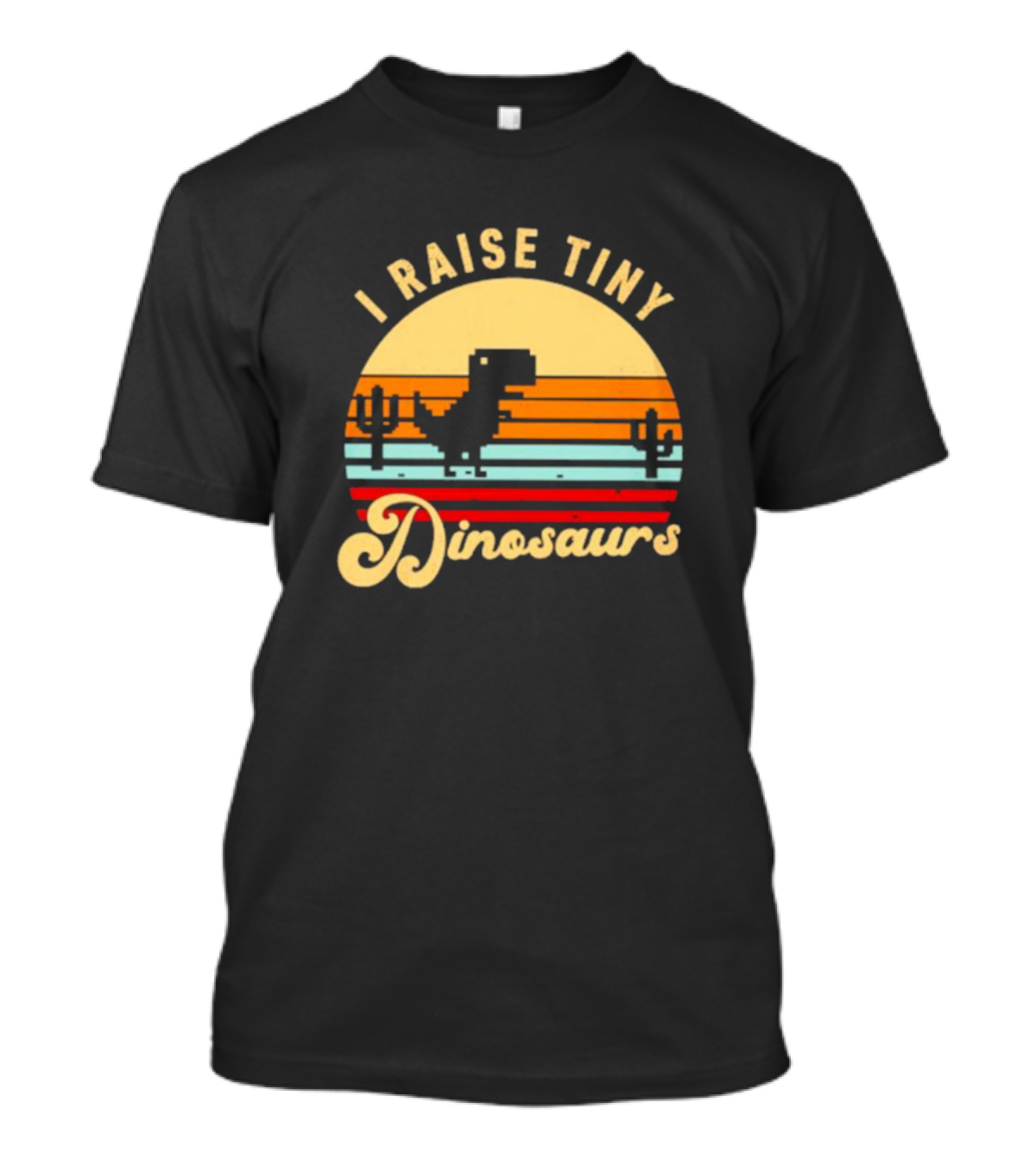 I Raise Tiny Dinosaurs Pixel Style Sunset With Cacti Retro T-Shirt