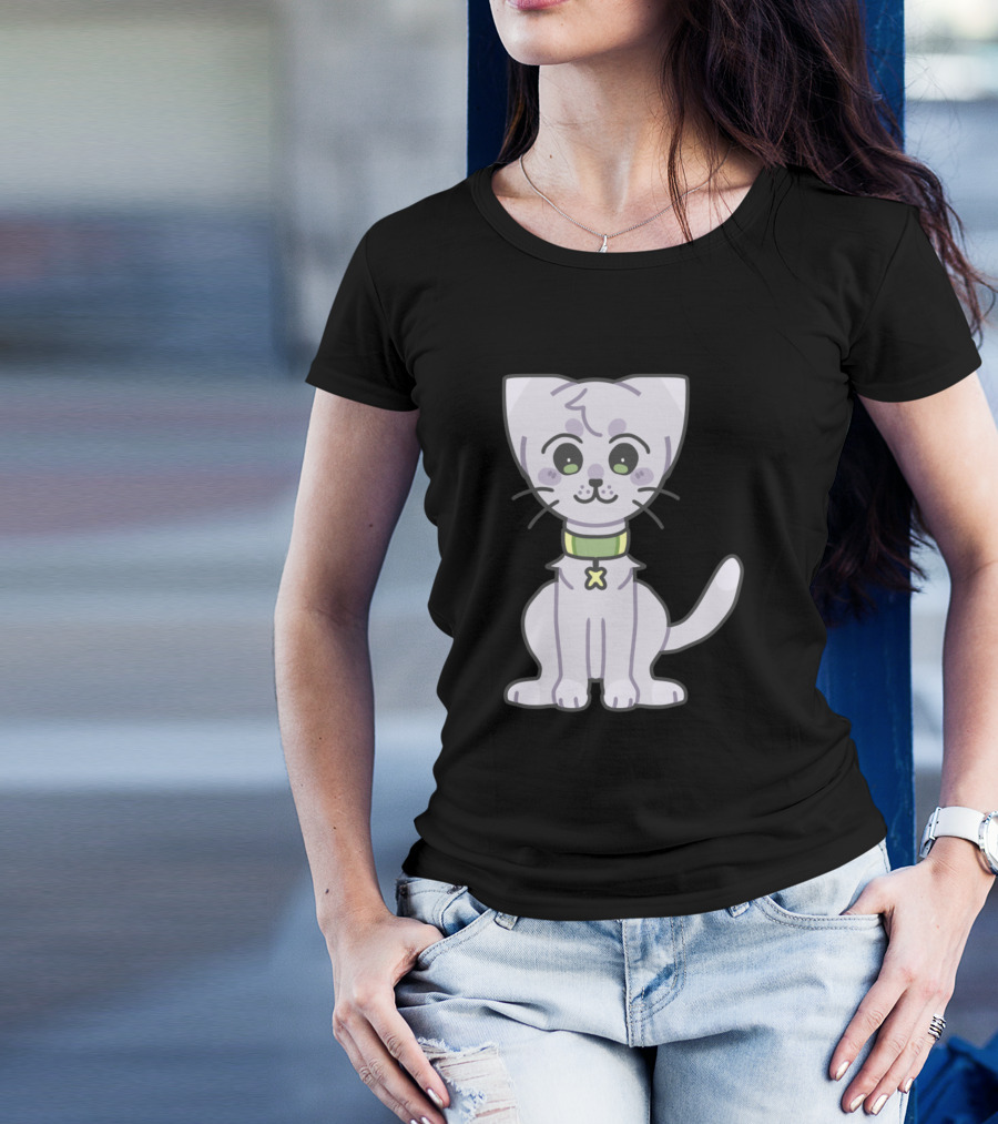 Kitty Kiro Cute Cartoon Cat With Green Collar And Star Charm T-Shirt