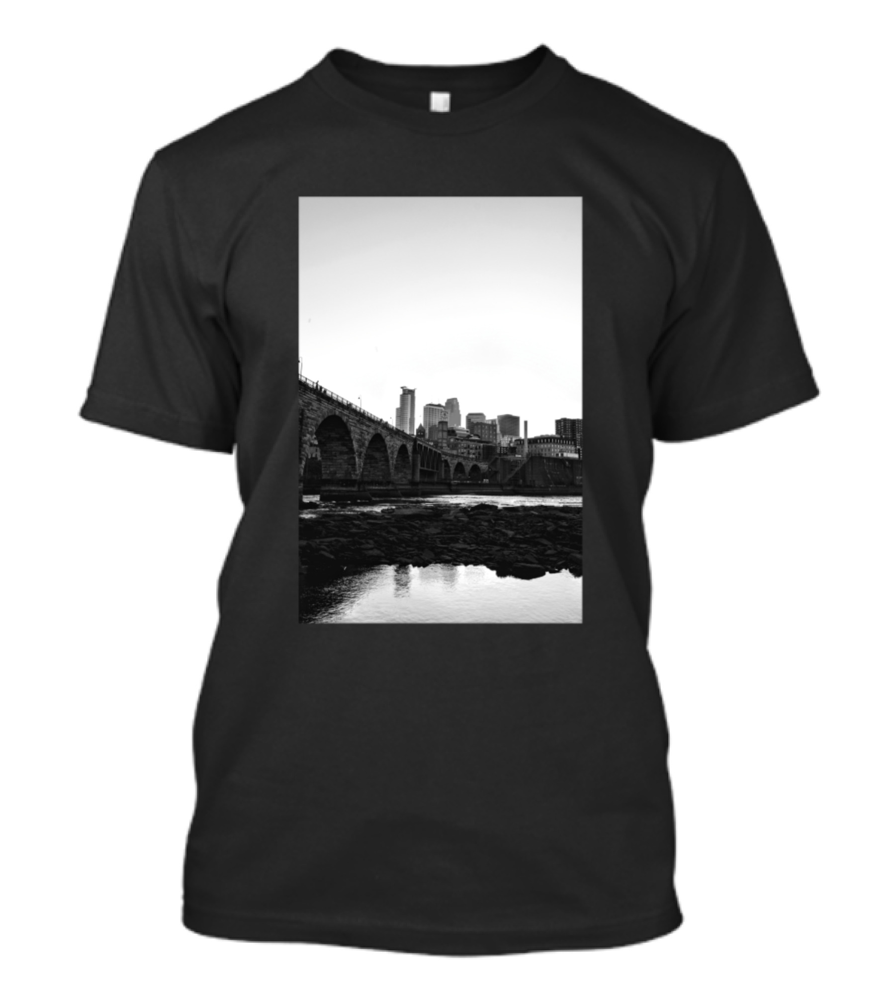 Minneapolis Minnesota Skyline Black And White Stone Arch Bridge Perspective T-Shirt