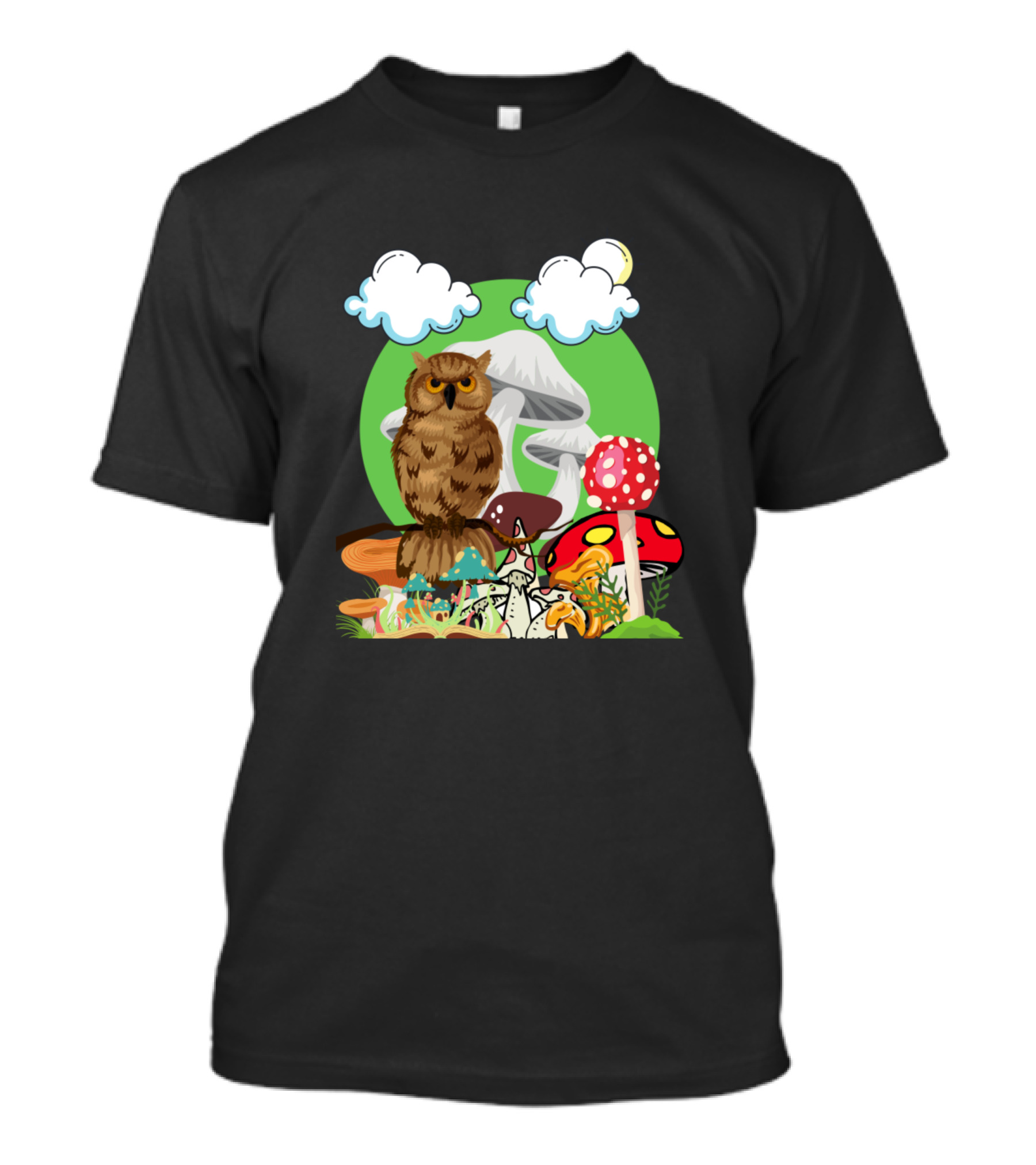 Mushroom Paradise Owl With Colorful Clouds And Forest Fungi T-Shirt