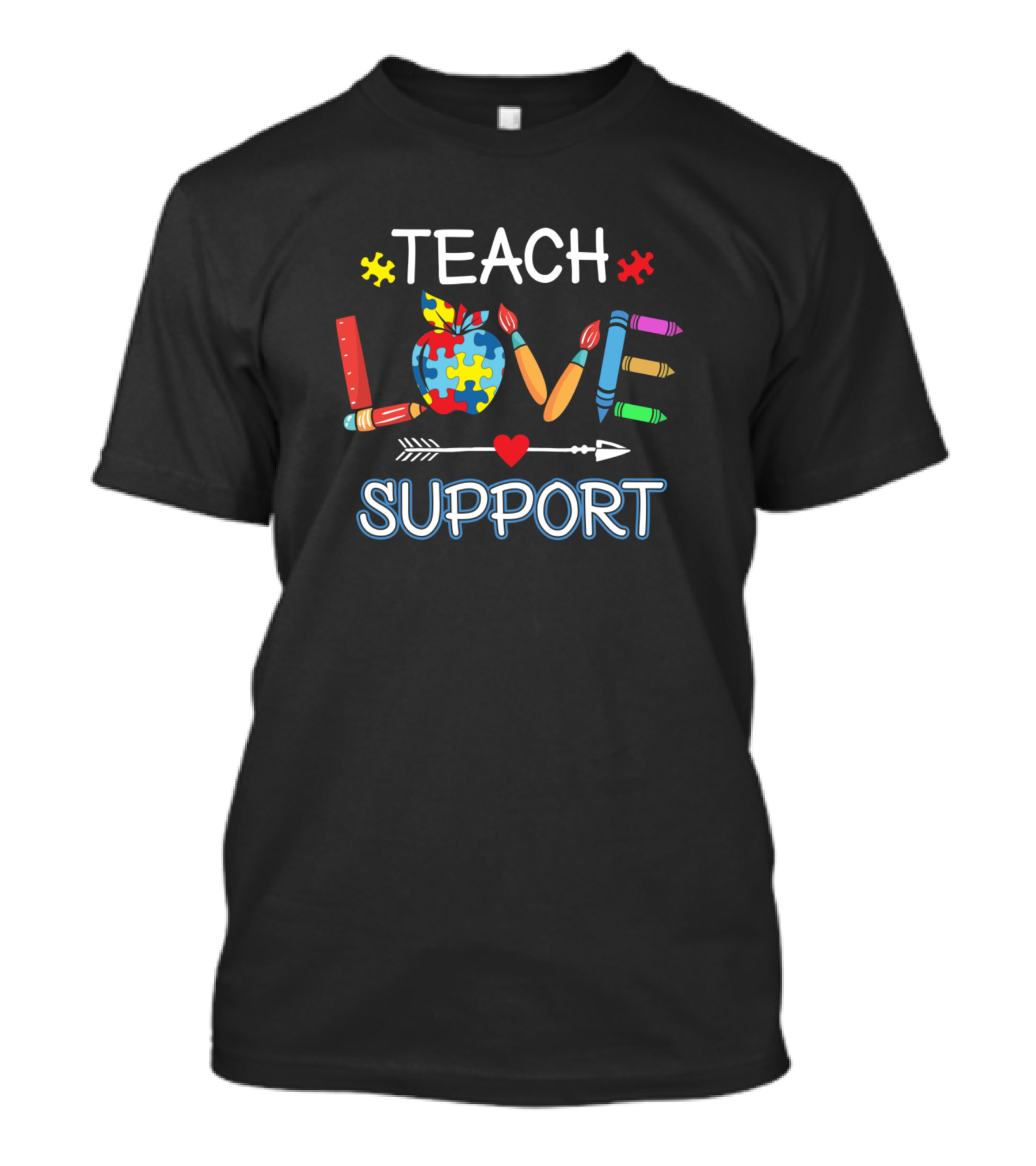 Teach Love Support Autism Teacher Back To School Puzzle Pieces Crayons Apple T-Shirt