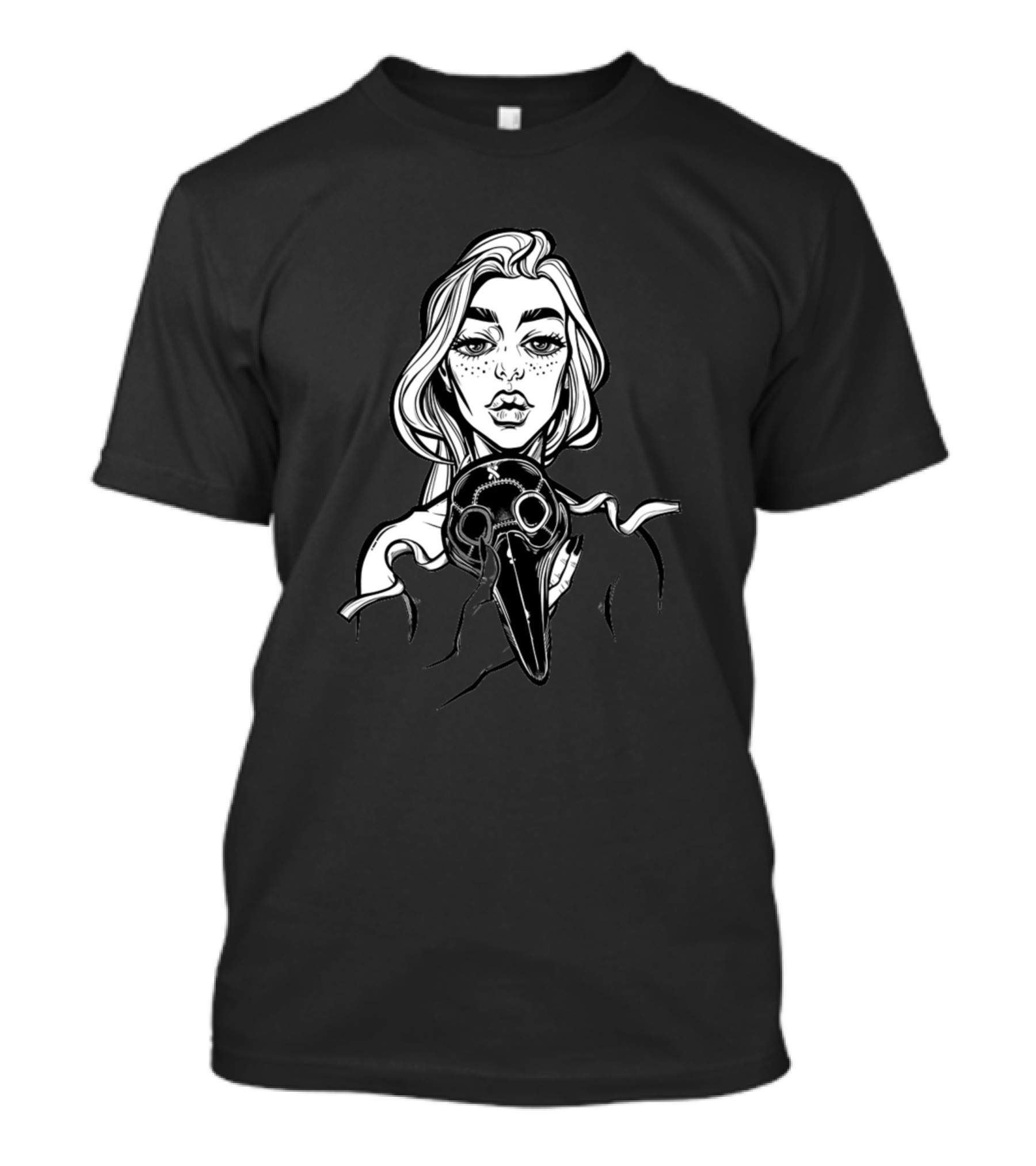Beautiful But Sad Woman Holding A Plague Doctor Mask Drawing T-Shirt