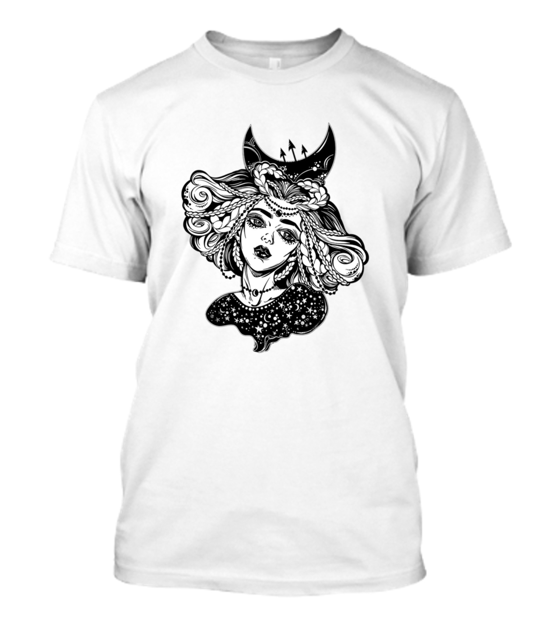 Beautiful Divine Girl With Celestial Crescent Moon In Her Hair And Starry T-Shirt