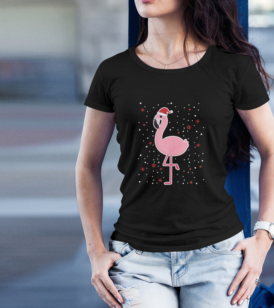 Xmas Christmas Flamingo Santa Hat Snowflakes And Stars T-Shirt