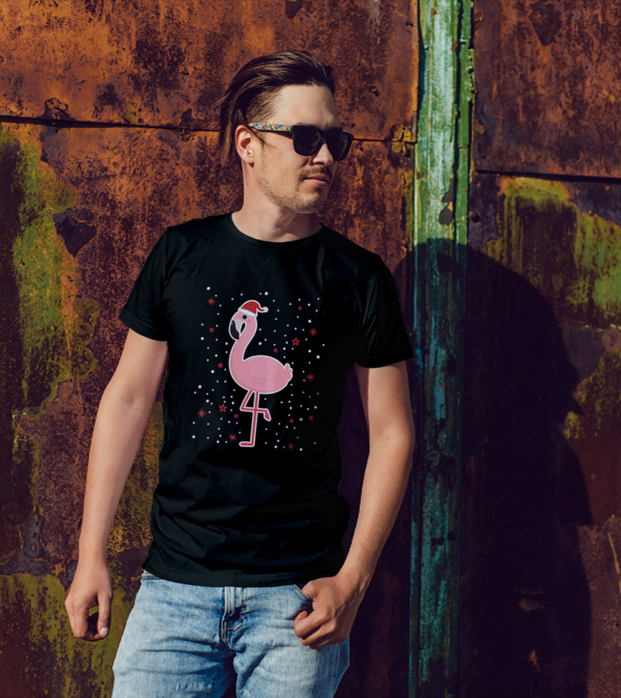 Xmas Christmas Flamingo Santa Hat Snowflakes And Stars T-Shirt