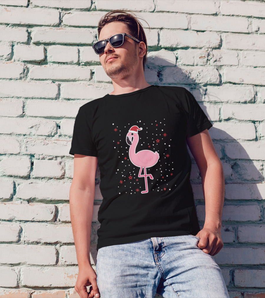 Xmas Christmas Flamingo Santa Hat Snowflakes And Stars T-Shirt