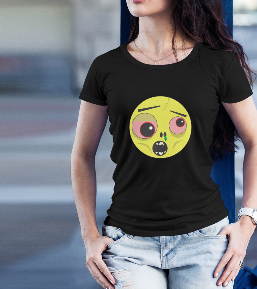 Zombie Emoji Cartoon Face With Stitches And Bloodshot Eyes T-Shirt