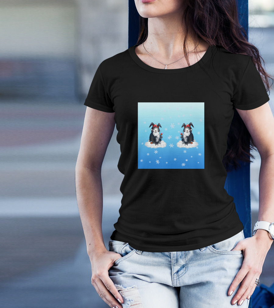 Adorable Santa Black Bunnies Clouds Snowflakes Cute Birds T-Shirt