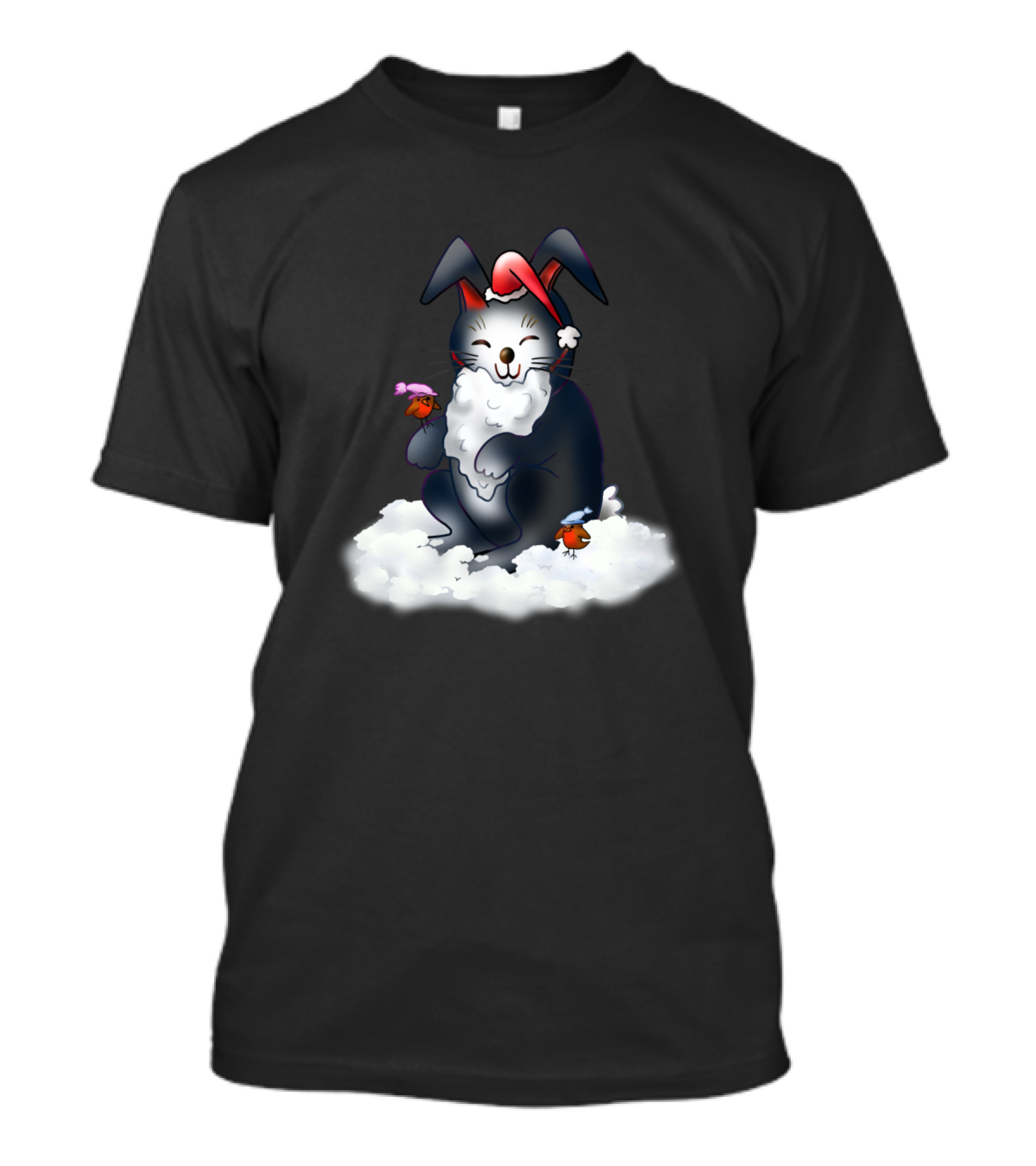 Adorable Santa Black Bunny With Festive Birds In Snow T-Shirt