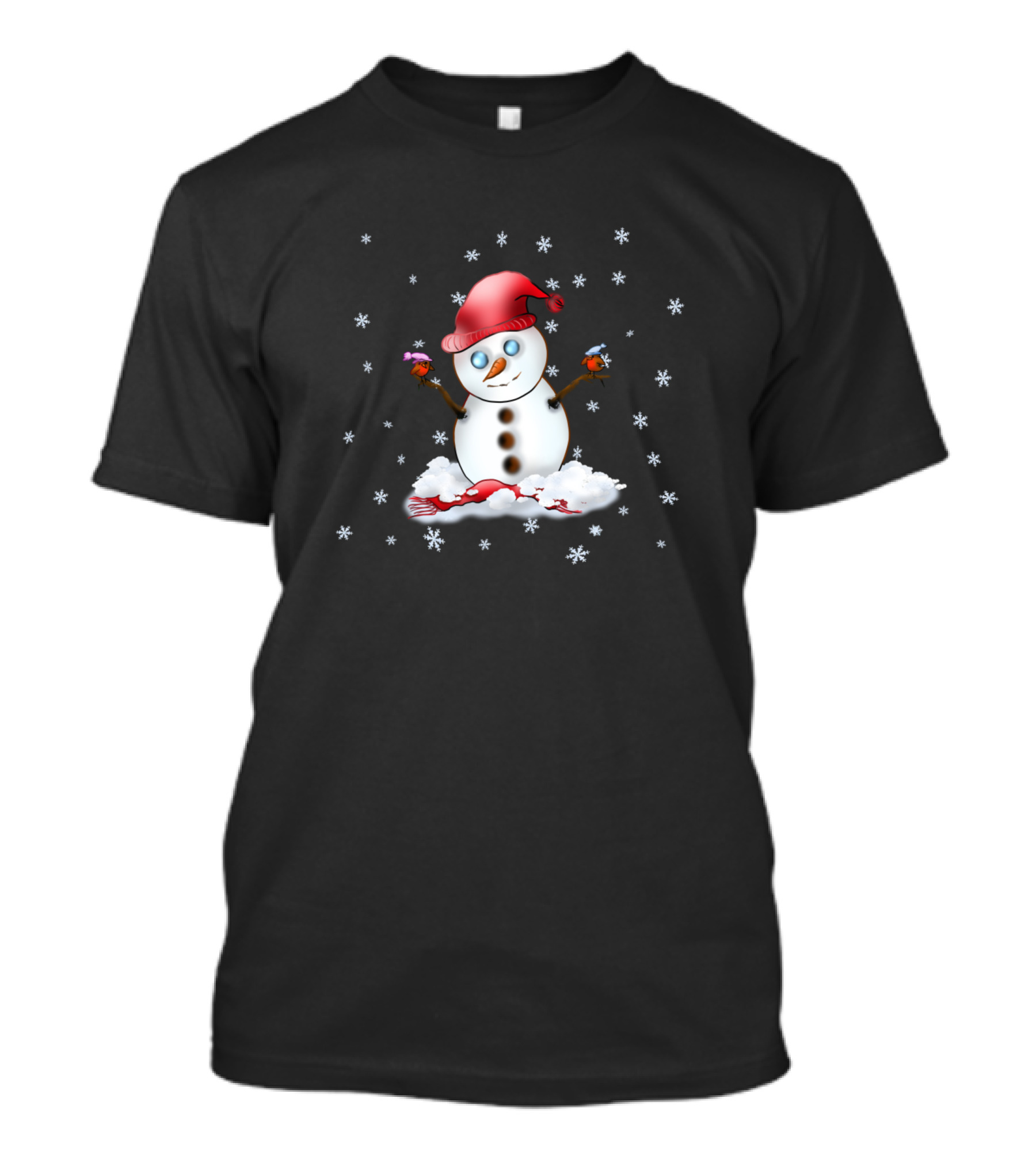 Adorable Snowman With Red Hat And Cute Birds In Snowflakes T-Shirt
