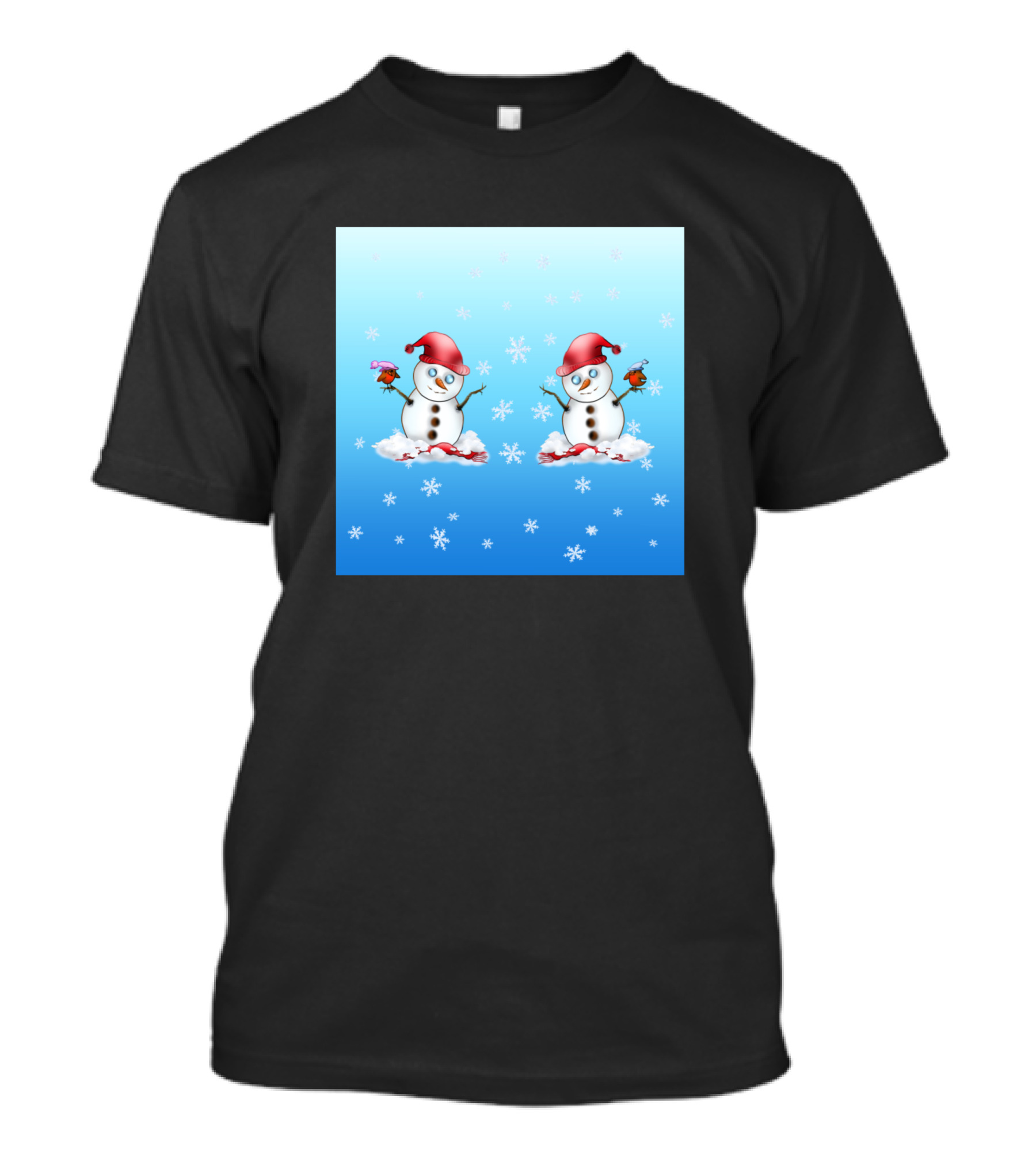 Adorable Snowmen With Red Hats And Cute Birds In Snowflakes T-Shirt