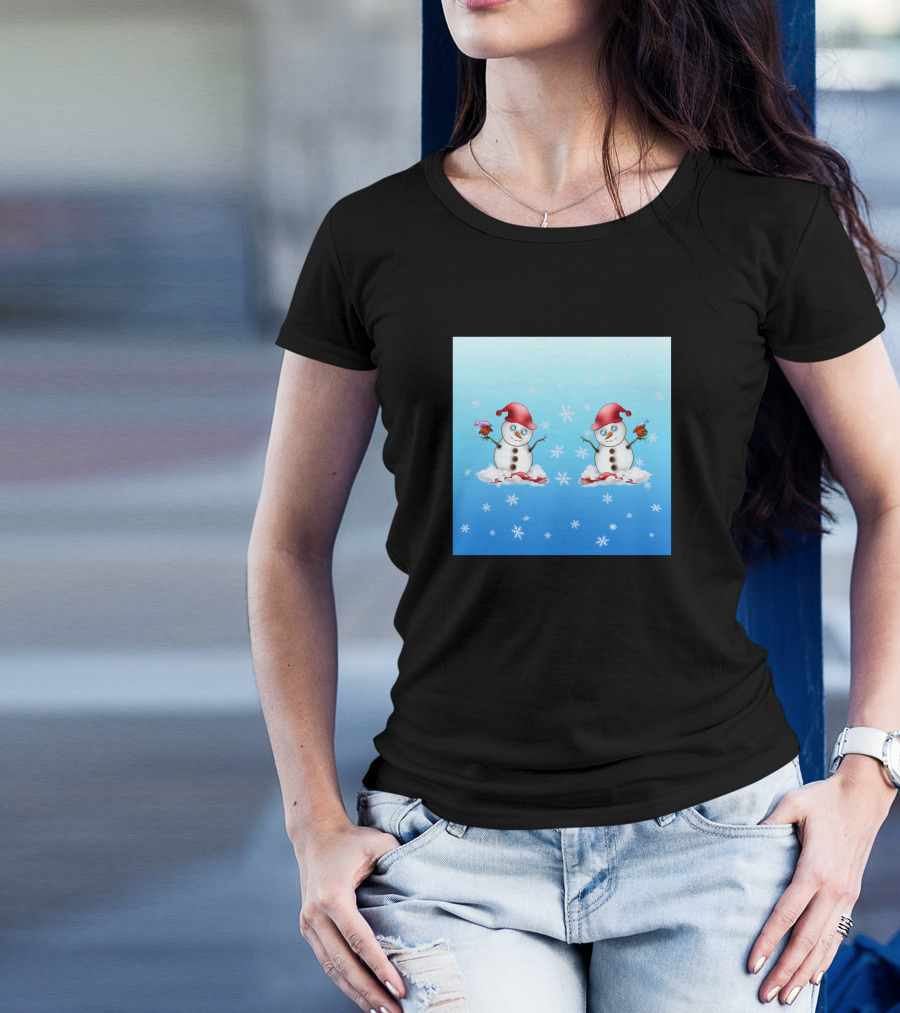 Adorable Snowmen With Red Hats And Cute Birds In Snowflakes T-Shirt