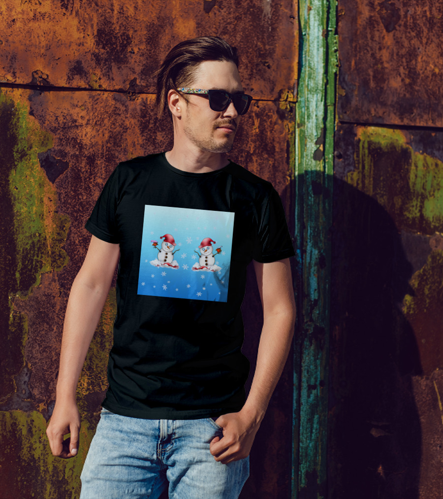 Adorable Snowmen With Red Hats And Cute Birds In Snowflakes T-Shirt