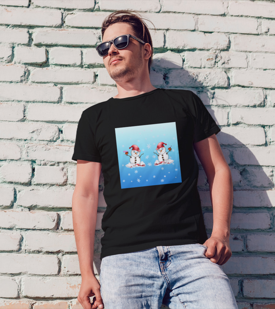 Adorable Snowmen With Red Hats And Cute Birds In Snowflakes T-Shirt