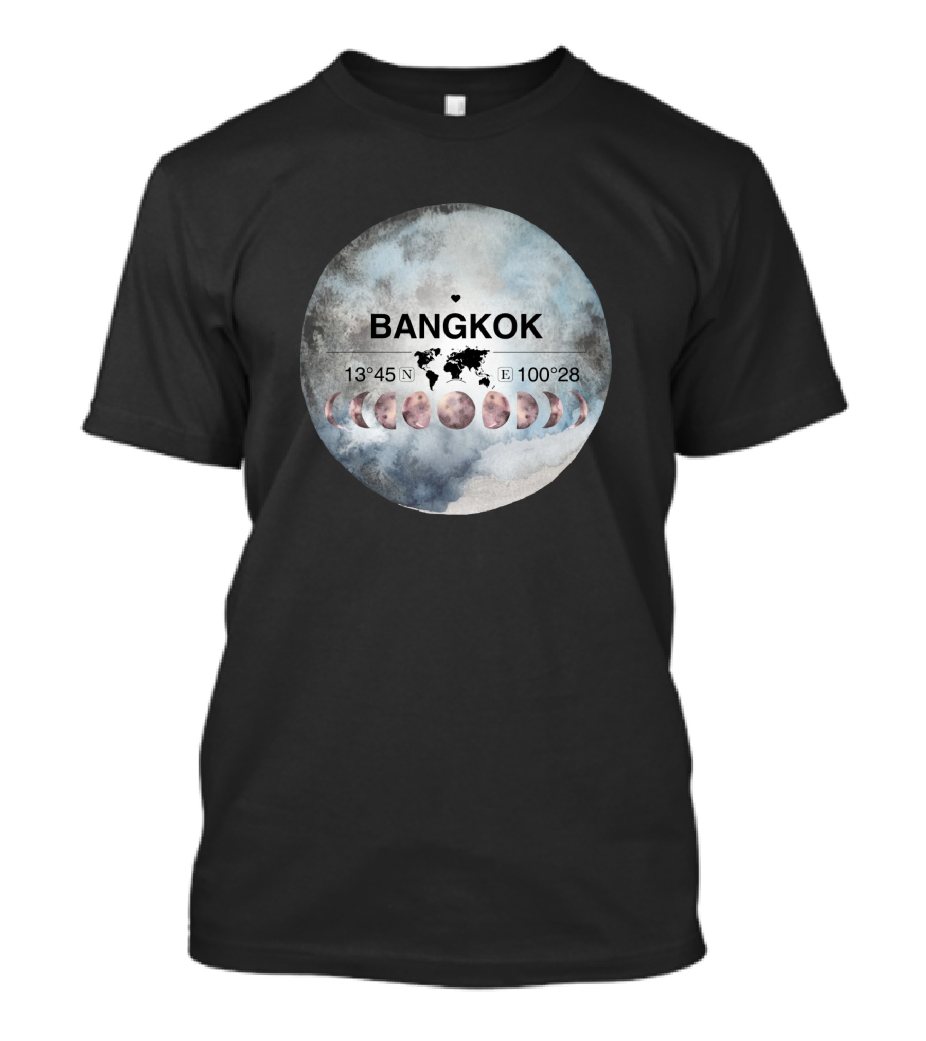 Bangkok Thailand 13°45'N 100°28'E Watercolor World Map Moon Phases T-Shirt