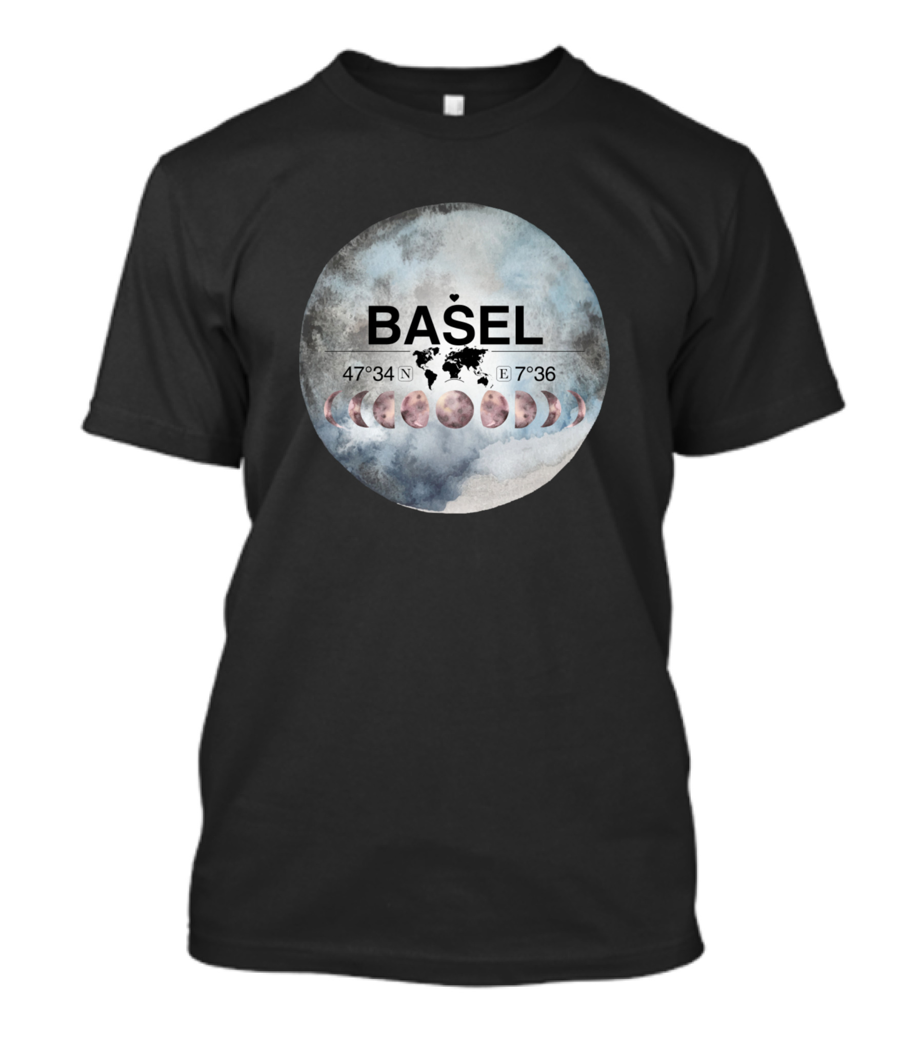 Basel 47°34'N 7°36'E Moon Phases Watercolor World Map T-Shirt