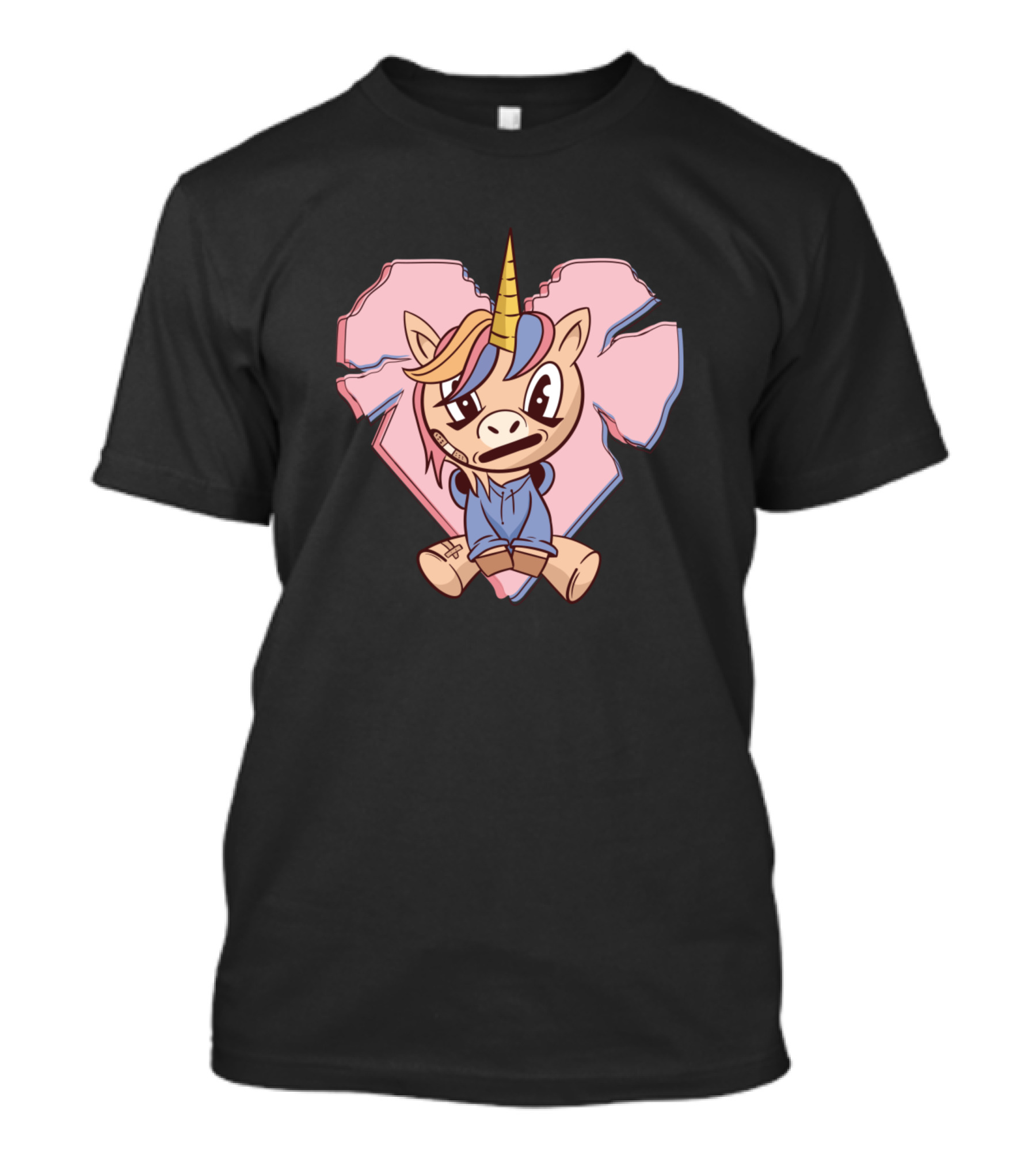 Sad Rainbow Unicorn With Bandages On Pink Broken Heart Background T-Shirt