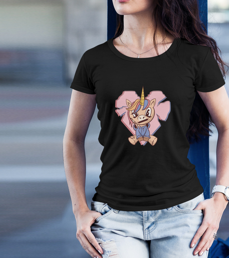 Sad Rainbow Unicorn With Bandages On Pink Broken Heart Background T-Shirt