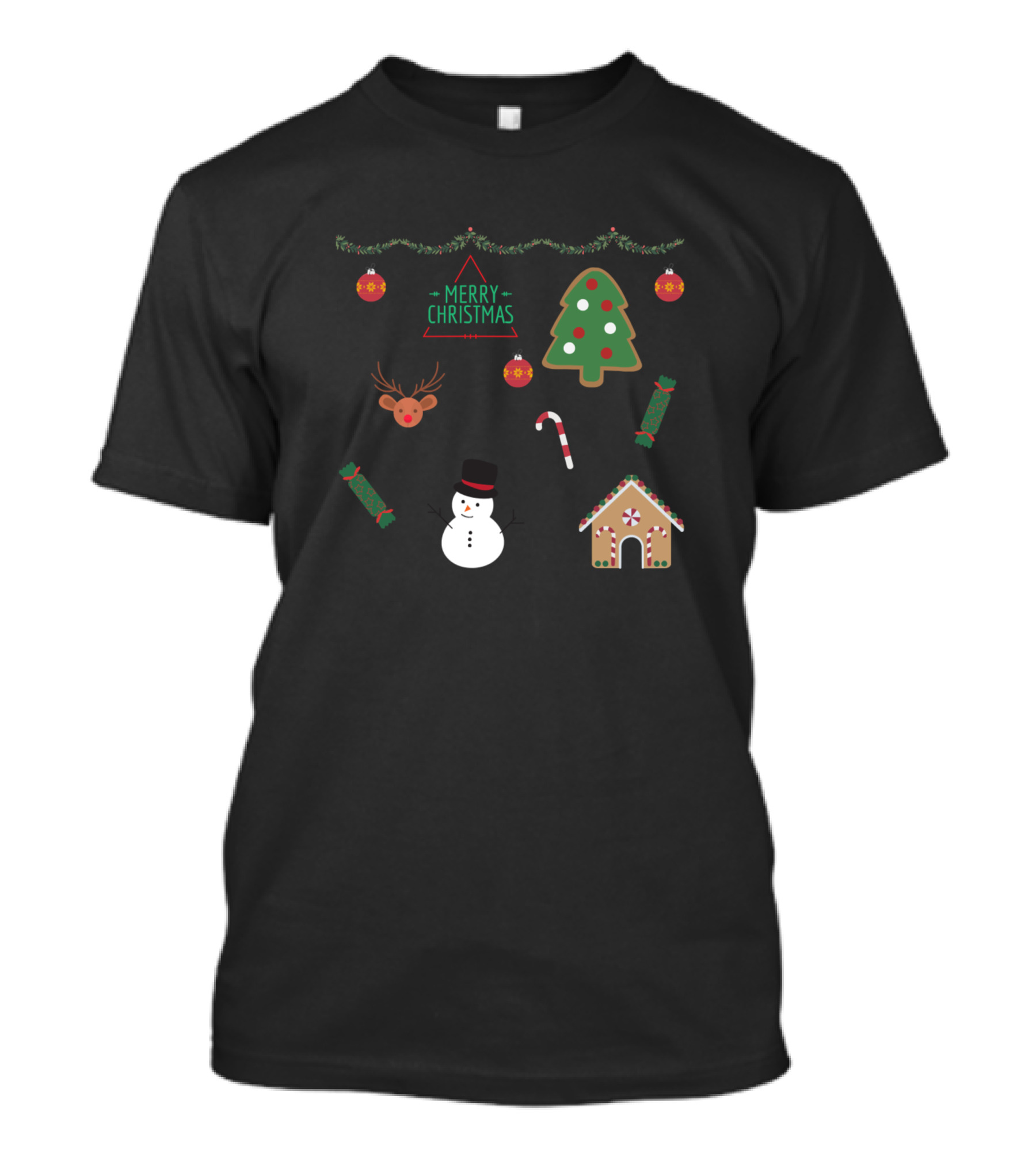 Merry Christmas Tree Reindeer Snowman Gingerbread House Candy Cane T-Shirt